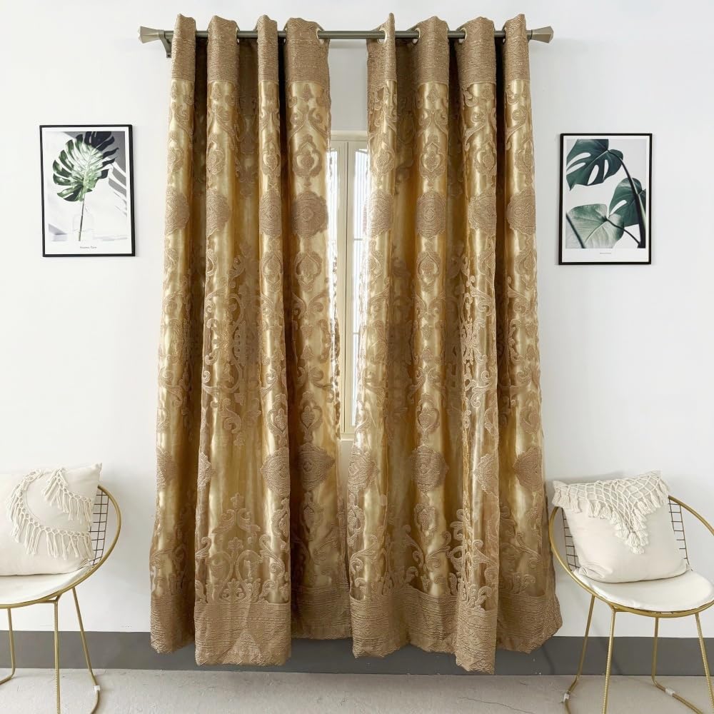 Amidoudou 1 Pair Luxury Double Layered European High-Blackout Curtains Embroidered Curtains for Living Room Bedroom Balcony (Gold,58x90 Inch)