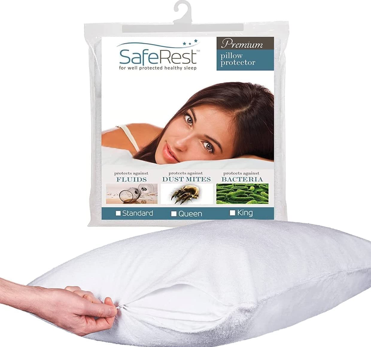 SafeRest Pillow Protector - Pack of 1 - Queen Size Waterproof Pillow Cover - Zippered Pillow Encasement for College Dorm Room, New Home - Cotton Terry, Waterproof, Breathable