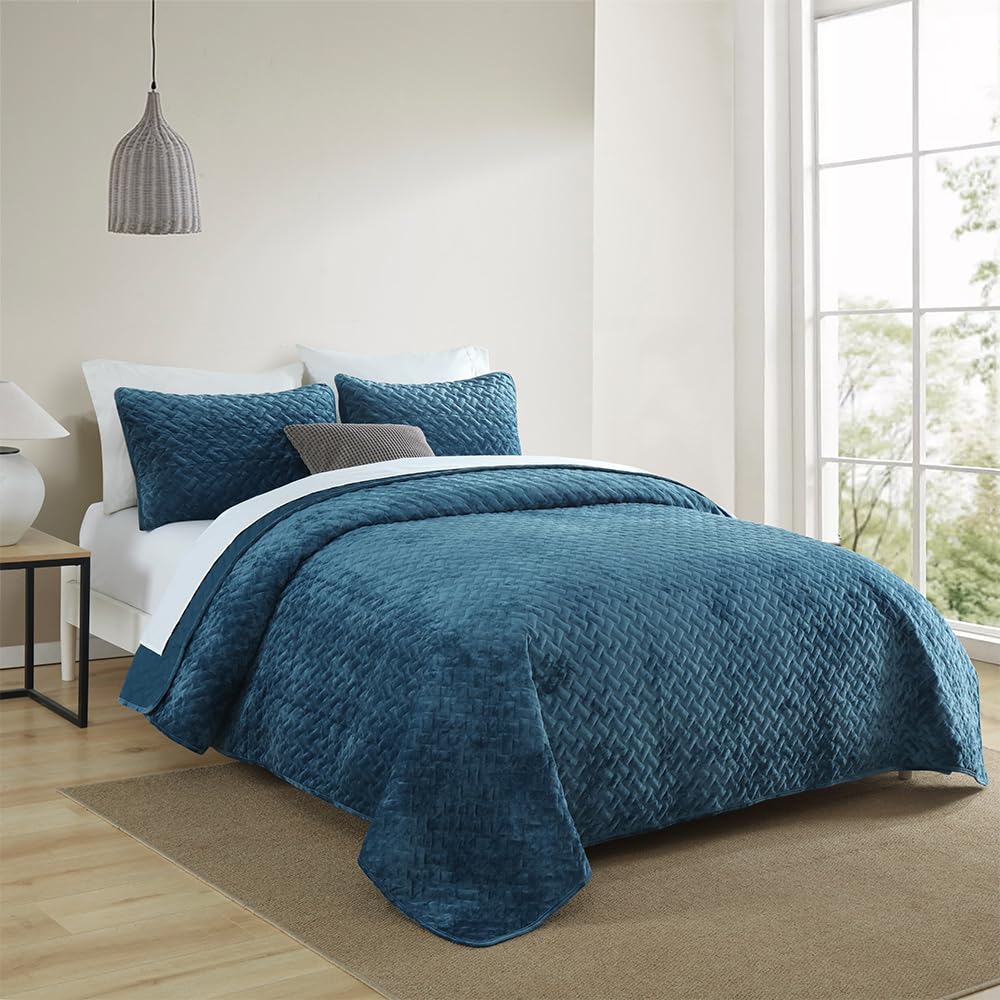 Liians Velvet Bedspread Quilt Bedding Sets,Luxury Elegant Ultra Soft Velvet Comforters Coverlet Blankets,Weave Stitching Pattern Cotton Quilted Bedspread for All Seasons,Azure Blue,Queen Size