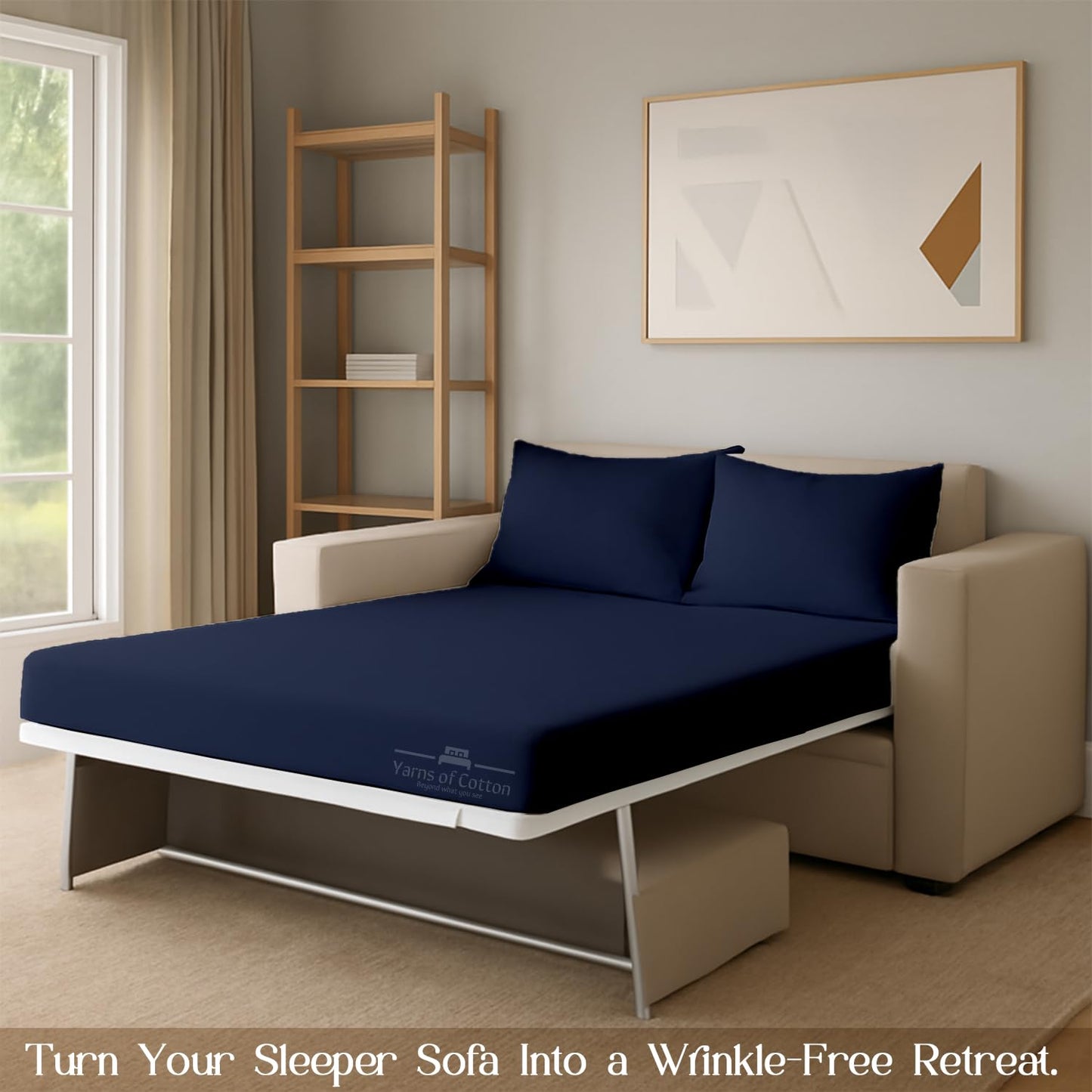 Sleeper Sofa Bed Sheet, 100% Cotton 400 Thread Count, 4 Piece Set, Deep Pocket Fitted Sheet, Soft Wrinkle Free & Breathable, Luxury Hotel Quality, Fits Up to 6 Inch Mattress (Full, Navy Blue)