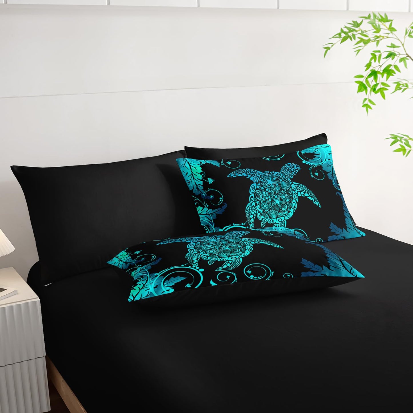 AILONEN Aqua Blue Black Turtle Comforter Set Full,7-Piece Soft Bed in a Bag for Kids Teen,Ocean Shell Sea Turtle Comforter & Fitted Sheet with Flat Sheet & 2 Pillowcases,2 Pillow Shams for Bedroom