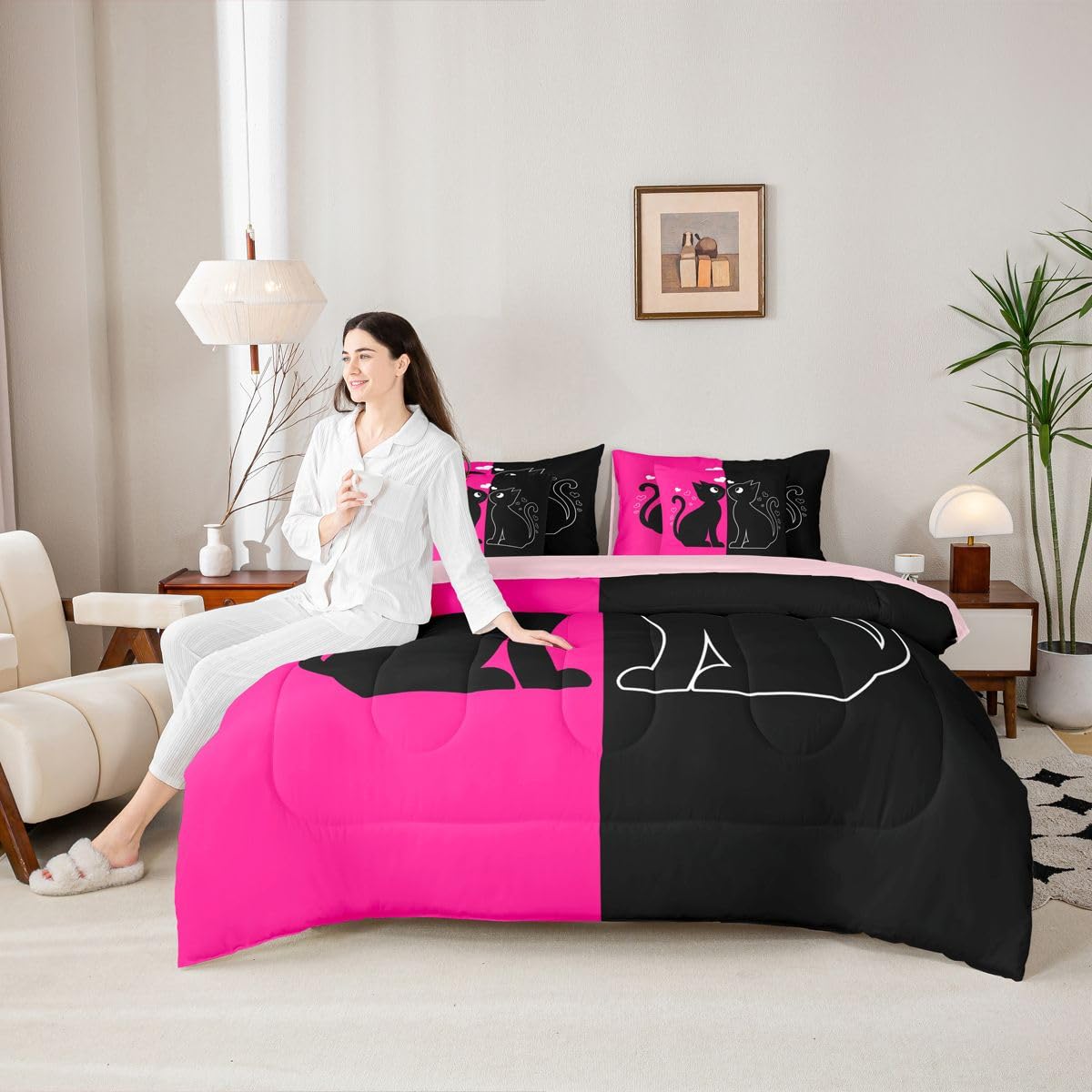 Cute Black Cat 7-Piece Bedding Set Full Size (Hot Pink and Black) | Valentine's Day Cats Bed in a Bag for Couple Lovers Romantic Cats Comforter Set with Sheets Kawaii Pet Animal Duvet Insert