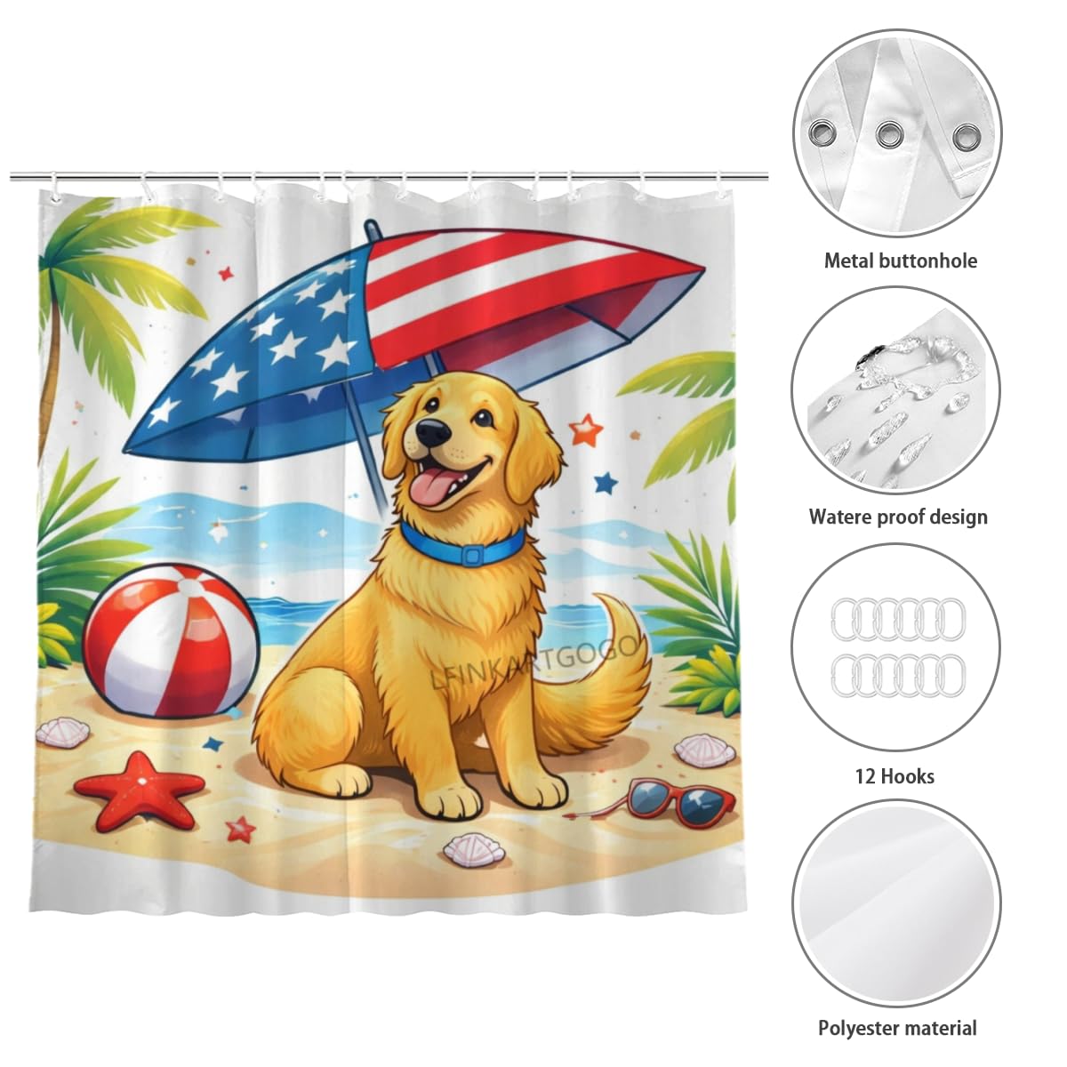 LFINKARTGOGO Shower Curtain 72x72 Inch with 12 Hooks Cute Golden Retriever Beach Bathroom Decor Patriotic Summer Coastal Dog Lover Waterproof Washable Polyester Bath Curtain