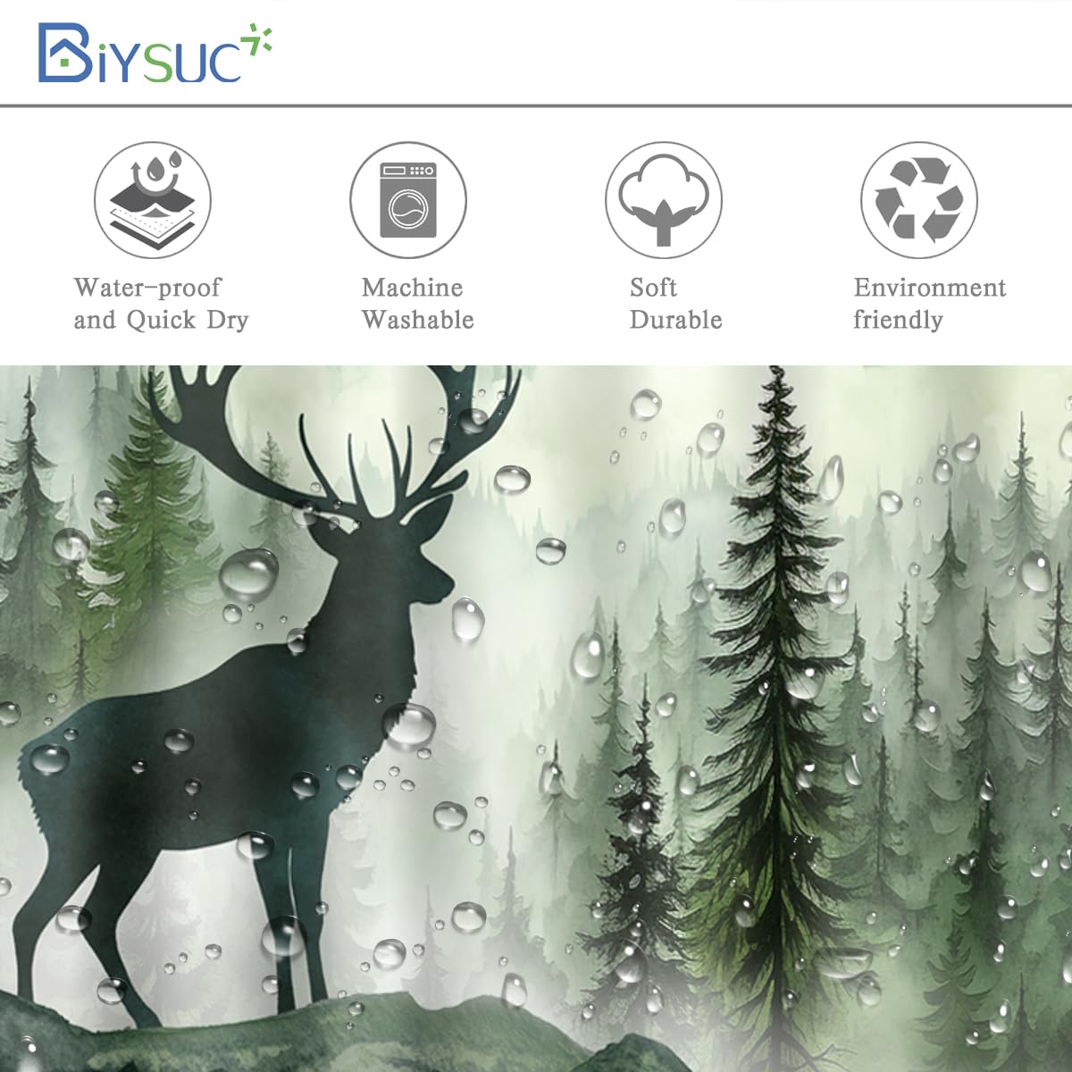 BIYSUC Misty Forest Deer Shower Curtain Nature Mountain Landscape Woodland Animal Bathroom Home Decor Waterproof Polyester Fabric 72Lx72W Inch with Hooks
