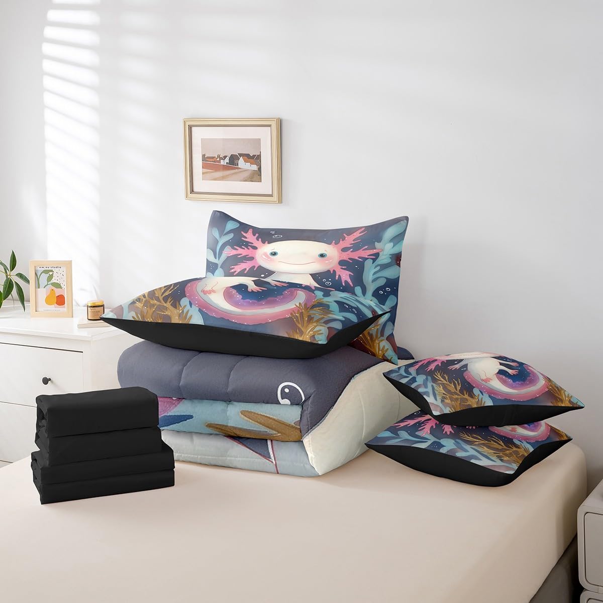 Erosebridal Cute Axolotl Kawaii Comforter Set 7 Piece Bed in a Bag Twin,Cartoon Walking Fish Bedding Sets Ocean Reptile Comforter and Sheet Set,Nautical Sea Animal Bed Set