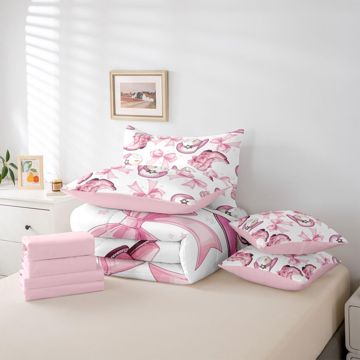 Erosebridal Bow Pink Western Cowgirls Full Comforter Set 7 Pieces | Starry Kawaii Bowknot Bed in A Bag for Bedroom Cute Hat Boots Bedding Set with Comforters Cute Hat Boots Room Decor
