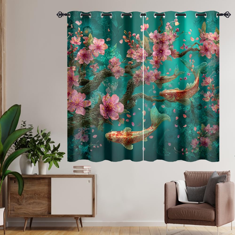 XSUPFLYM Classic Asian Japanese Fish Privacy Perforated Curtains Traditional Aesthetic Spring Underwater Fish Plant Cherry Blossom Curtains Top Grommets Window Treatment 2 Panels.Each 21" W x 54" L