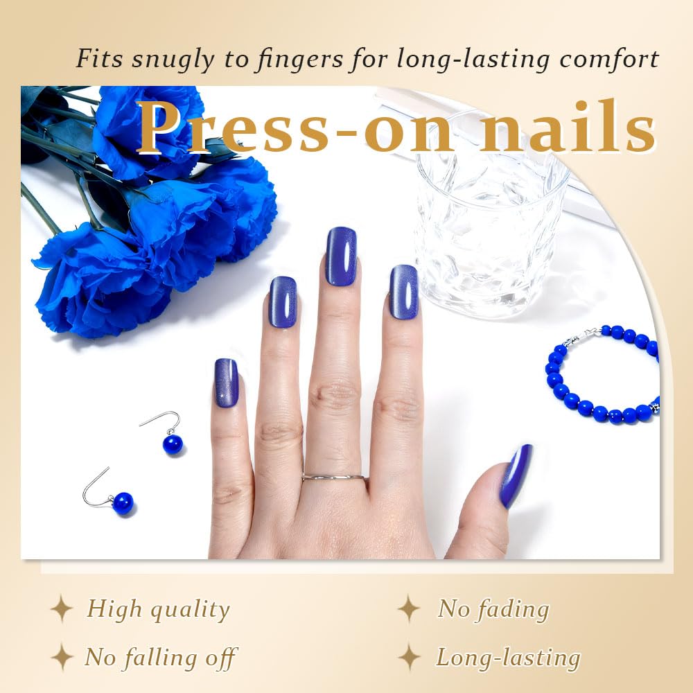 Blue Cat Eye Press on Nails Medium Square, Medium Square Press Stick on Nails Chrome for Women Gift, Blue Holographic Glitter Glossy Reusable Soft Gel Acrylic Fake Nail with Designs Cateye Effect