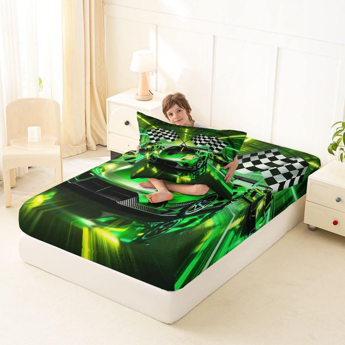 Feelyou Boys Sports Car Fitted Sheet with 1 Pillowcase Twin Size Speed Race Car Bed Sheets Set 16" Deep Pocket Boys Girls Racing Extreme Sports Bedding Teens Bedroom Decor Breathable Soft Lightweight
