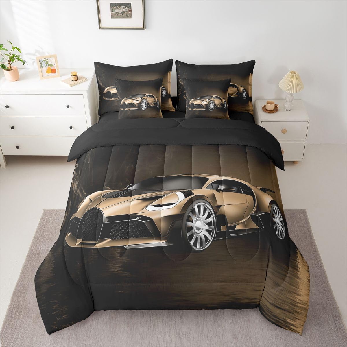 Feelyou Sports Car 7 Piece Bedding Set Brown Race Car Comforter Set with Sheets for Kids Boys Girls Extreme Sports Bed in a Bag Cool Speed Luxury Car Decor Quilt with 2 Pillowcases Full