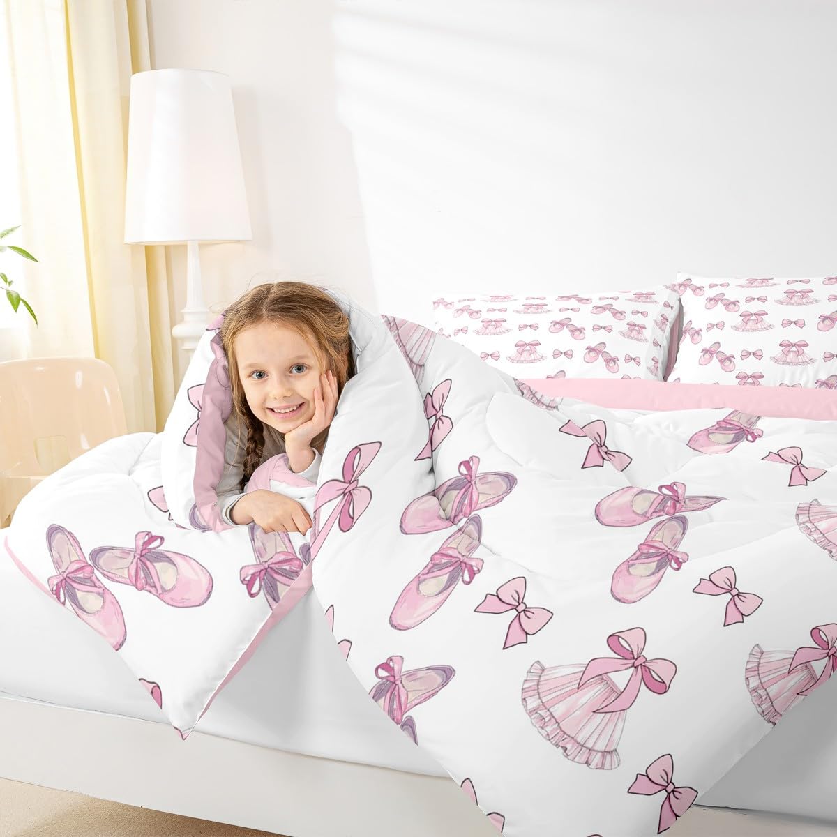 Erosebridal Girls Bow Comforter Set Ribbon Bowknot Ballet Skirt Full Size Bedding Sets | Ballerina Toe Shoe Comforter Kawaii Little Ballet Princess Bed Set