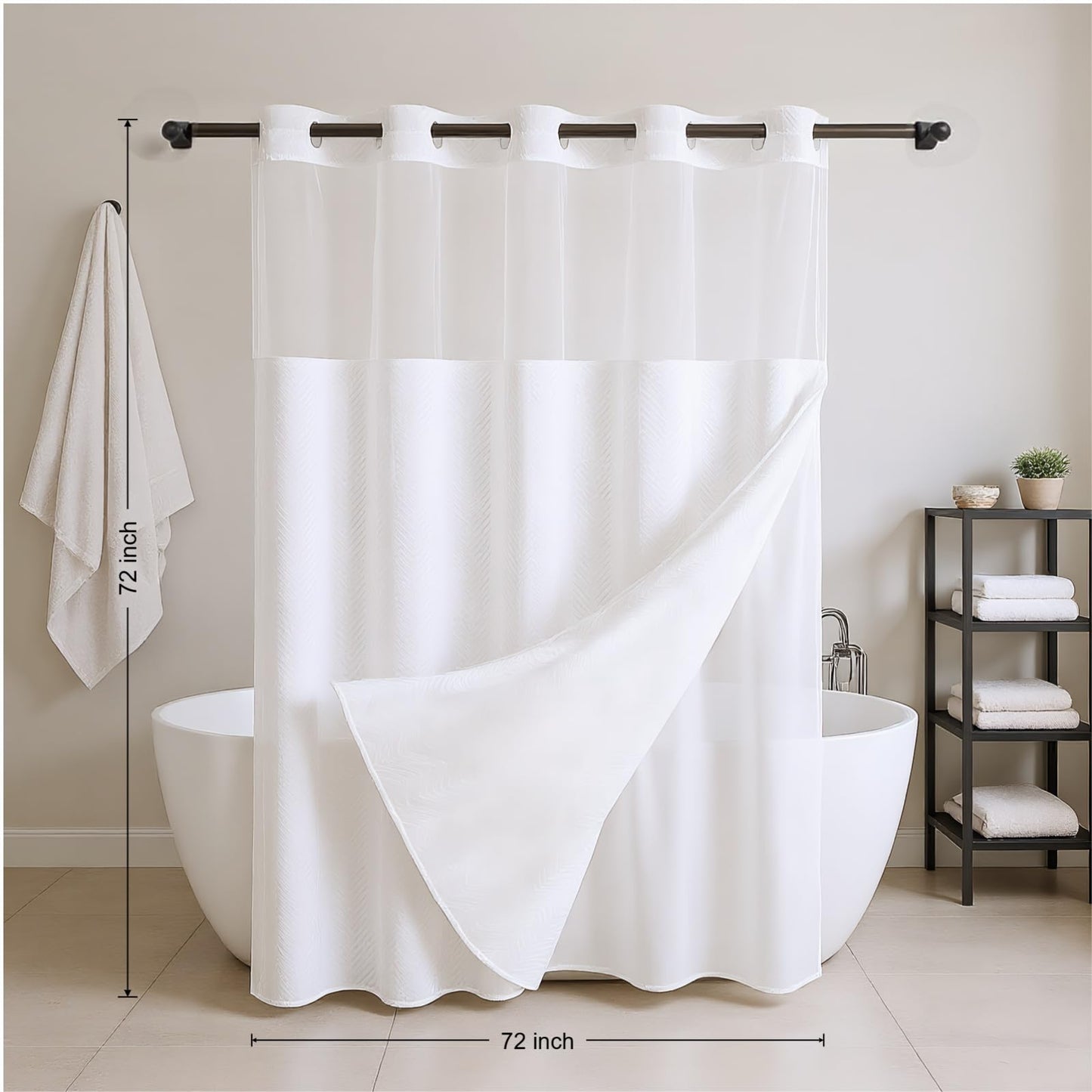 HONCO DIRECT No Hooks Black Boho Farmhouse Cloth Fabric Shower Curtain, 3D Textured Arrow Striped Minimalist Modern Shower Curtain with Snap-in Liner & See Through Window Sets, 72x72 inches