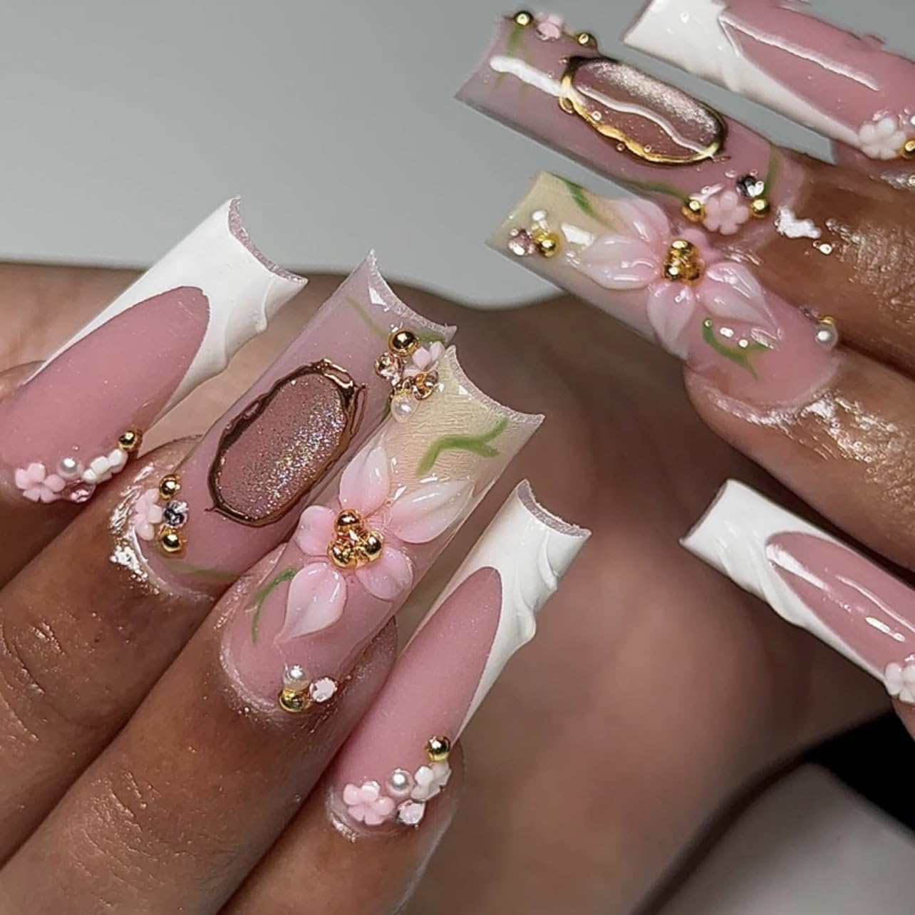 plalely White Press on Nails Square Long 3D Flowers Press on False Nails Gold Embossed Charms Stick on Nail for Women 24pcs