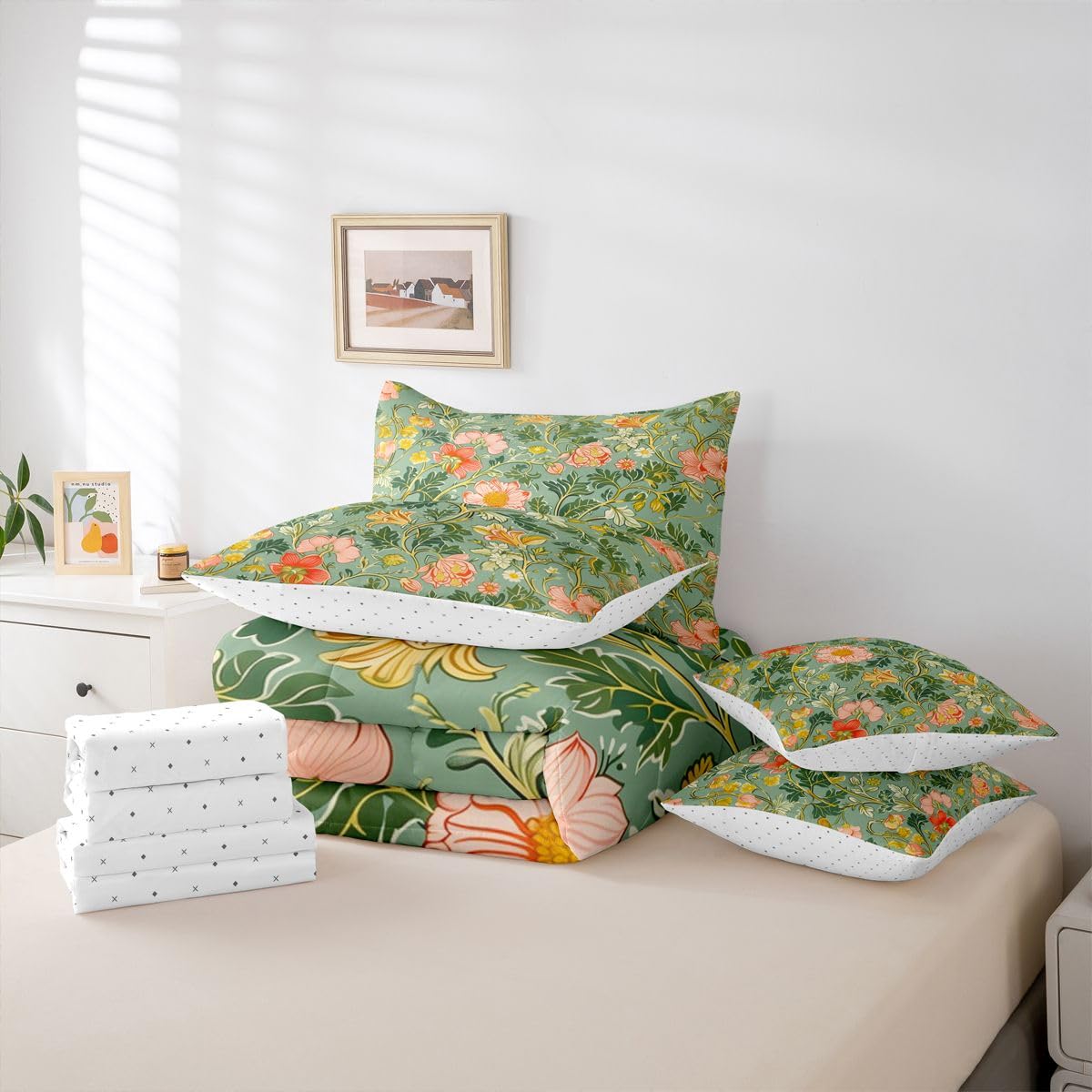 Erosebridal Lotus 7 Piece Bedding Set Twin Floral Comforter Set with Sheets Farmhouse Plant Leaves Botanical for Kids Boys Girls Pink Flowers Petals Daisy Bed in a Bag