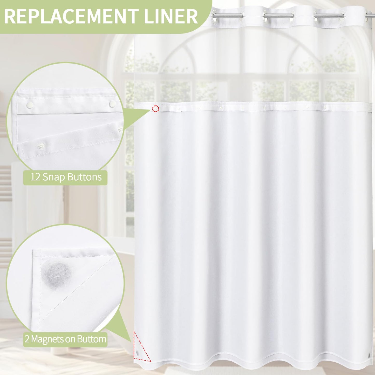 Litabel White Fabric Snap-in Shower Curtain Liner Replacement, 70W x 66H Waterproof Removable Liner for No Hook Shower Curtains with Snap in Liner, Soft Cloth & Hotel Quality, Machine Washable