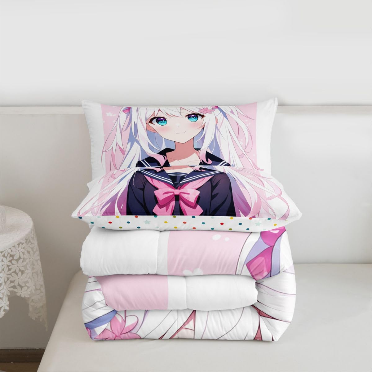 Erosebridal Kawaii Japanese Girl Comforter Set Cartoon Anime Bedding for Kids Boys Girls 3D Japanese Style Bedding Comforters & Sets Sailor Suit Uniform Girl Design Duvet Insert Full Size
