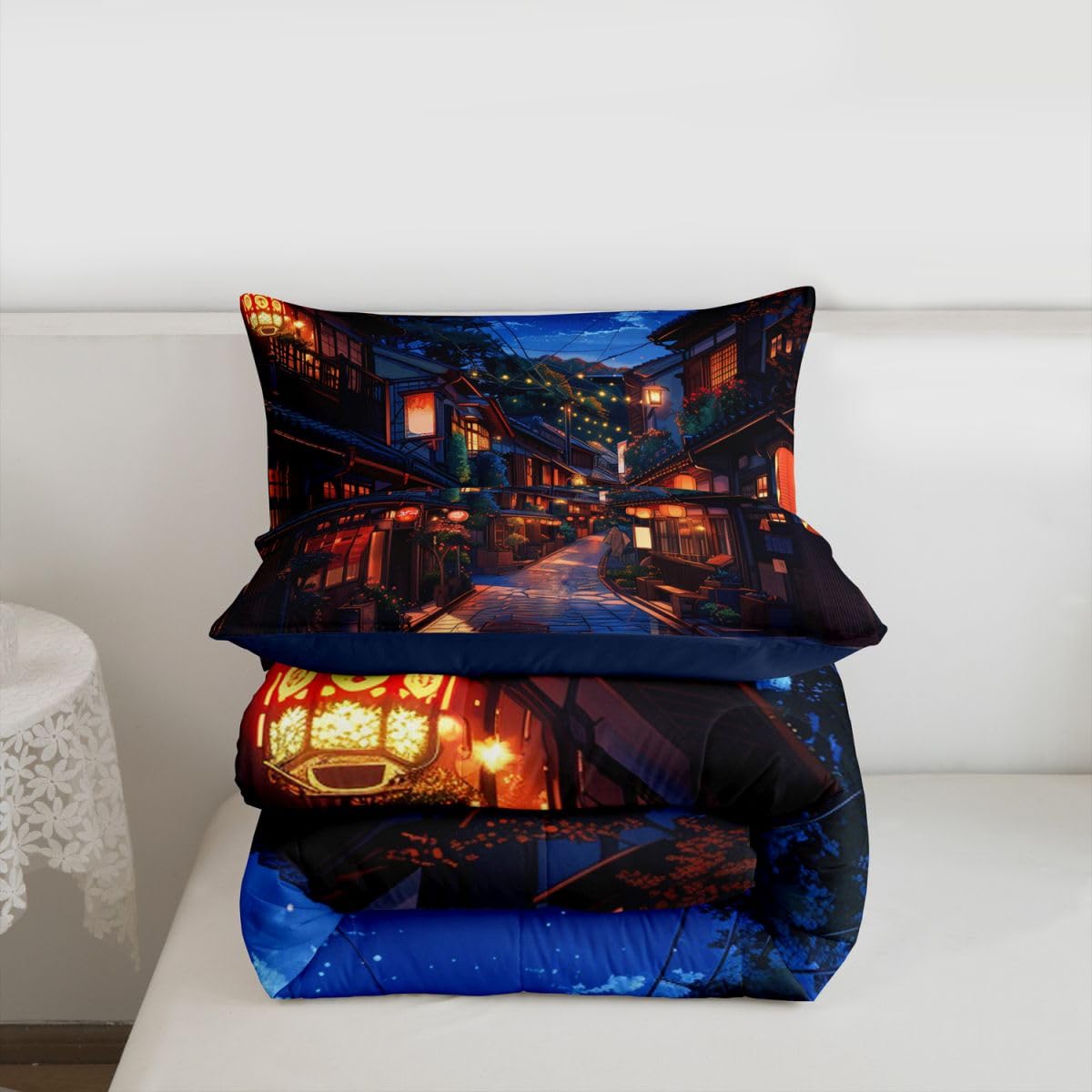 jejeloiu Japanese Comforter Set All Season Anime Street Bedding Set with 1 Pillow Cases Tokyo Modern Microfiber Kids Toddler Bedclothes Bedroom Decor Duvet Quilt Breathable Soft Lightweight