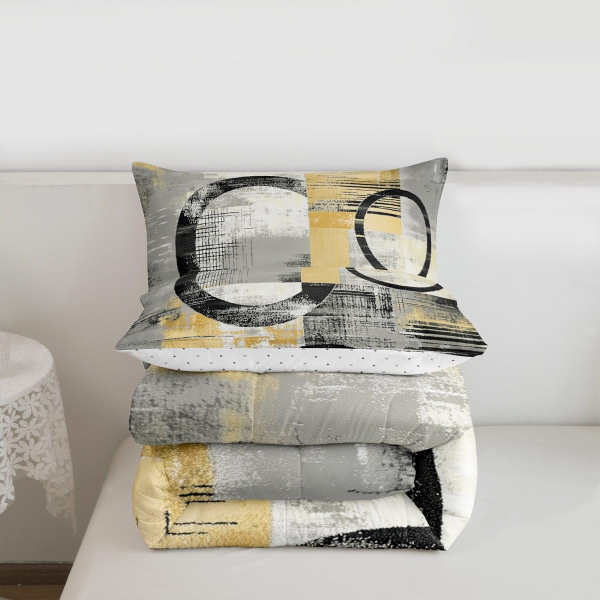 Feelyou Abstract Comforter Set Full Size Modern Abstract Art Bedding Set Geometric Duvet Quilt Luxury Bedroom Decor Yellow 3 Pcs with 2 Pillow Cases