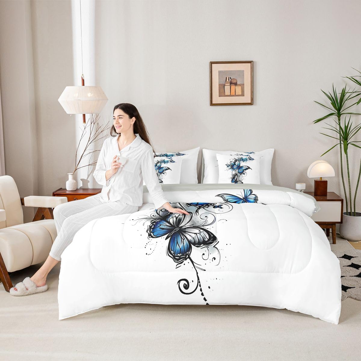 Erosebridal Stained Glass 7 Piece Bedding Set Twin Watercolor Blue Butterfly Comforter Set with Sheets Fresh Floral Lines Bed in a Bag Rococo Scroll Bed Sets Comforter
