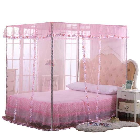 JQWUPUP Pink Canopy Netting for Bed - 4 Corner Canopy for Beds, Canopy Bed Curtains, Bed Canopy for Girls Adults, Bedroom Decor (Full Size, Pink)