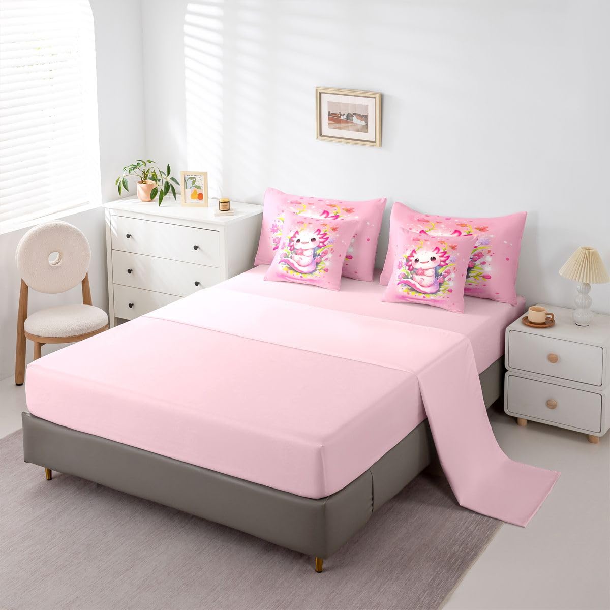Girls Cute Axolotl Queen Bedding Set Kids Pink Floral Axolotl Comforter Set with Flat and Fitted Sheet Teens Girly Spring Petals Blossom 7-Piece Bed in a Bag Princess Dreamy Cartoon Animal Quilt Sets