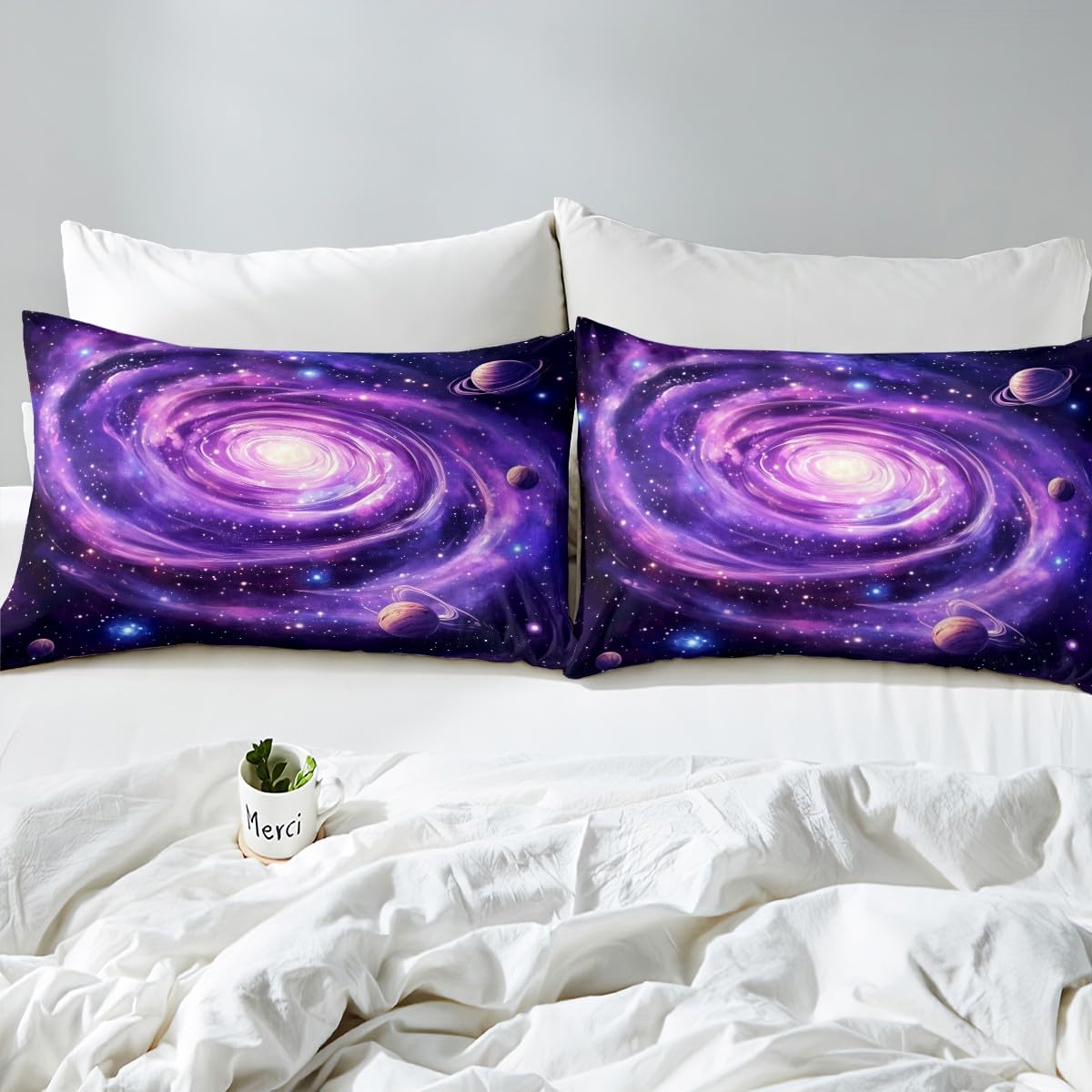 Outer Space Kids Fitted Sheet Full Size,Planets Glitter Starry Sky Galaxy Romantic Bedding Set,Boys Girls Room Decor,Geometric Vortex Bed Cover,Purple Bed Sheet,2 Pillowcases