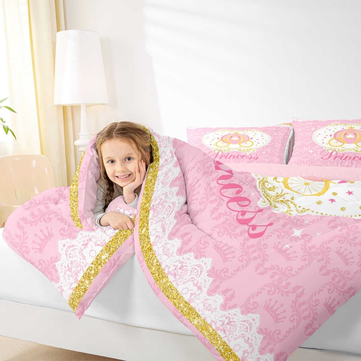 Homewish Girls Pink Theme Twin Size Comforter Set,Kids Carriage Decor All Season Bedding Set,Teens Princess Style Comforter,Children Cute Cartoon Decor Quilt Set Bedroom Collection 2Pcs
