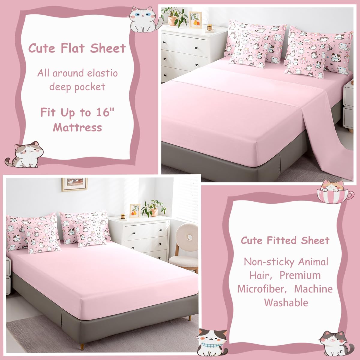 Feelyou Toddler Cat Full Comforter Set with Sheets for Kids Boys Girls Cats Print Bed in a Bag Kawaii Cartoon 7 Pieces Bedding Set Room Decor Cute Kitten Bed Set Pink Animal Themed