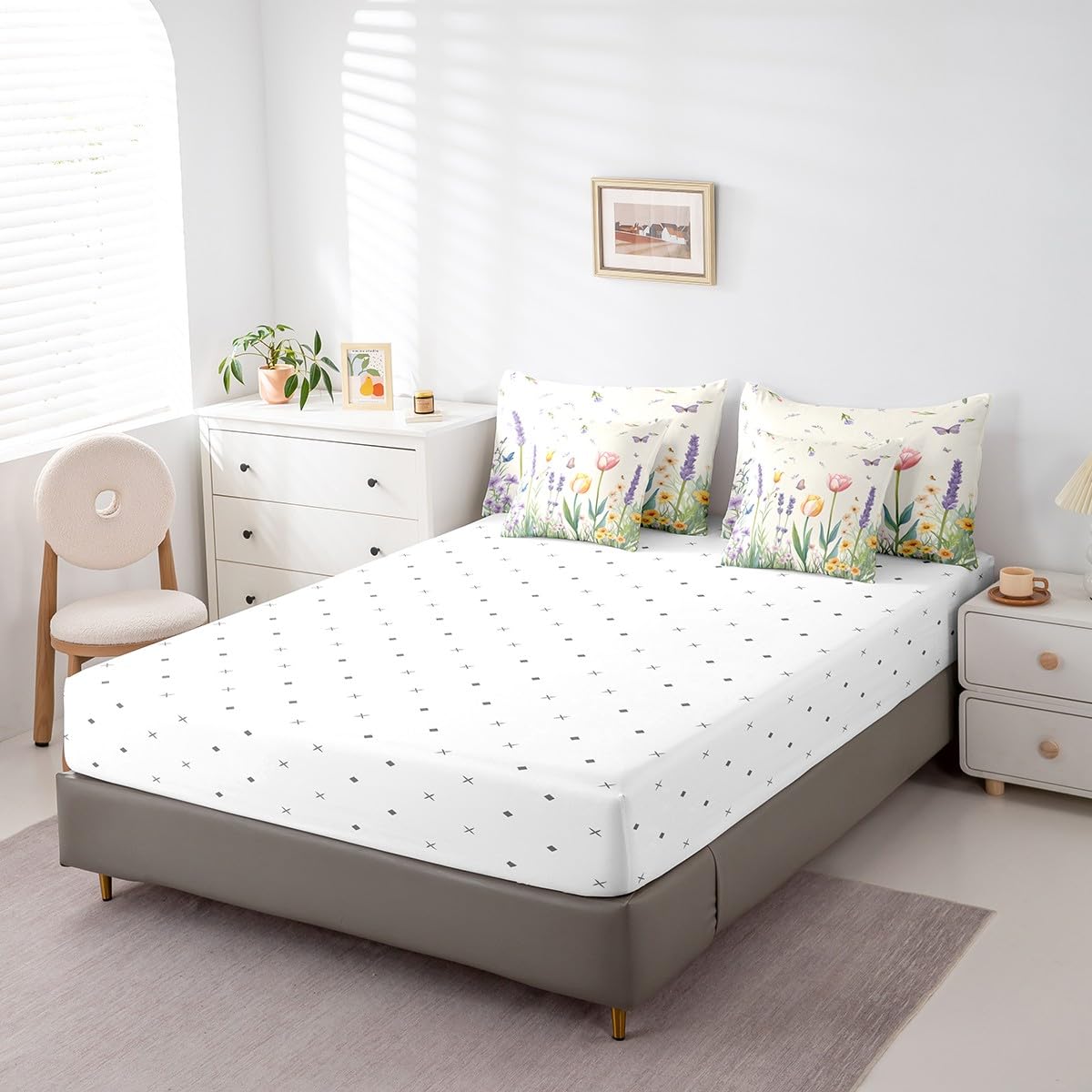 Erosebridal Tulips Full Size Bed Sheets and Comforter Set,Jungle Flowers 7 Piece Bedding Set Garden Floral Lavender Bed in a Bag,Rural Pastoral Style Farmhouse Rustic Bed Sets