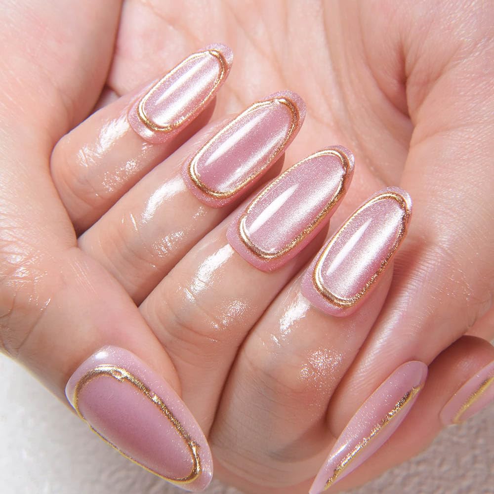 evpct Gold Line 3D Cat Eye Press On Nails Medium Almond No Glue, 3D Crystal Handmade Press on Nails for Women Gift, Reusable Medium Almond Acrylic Fake Nail Stick on Soft Nail Gold Tip with Designs