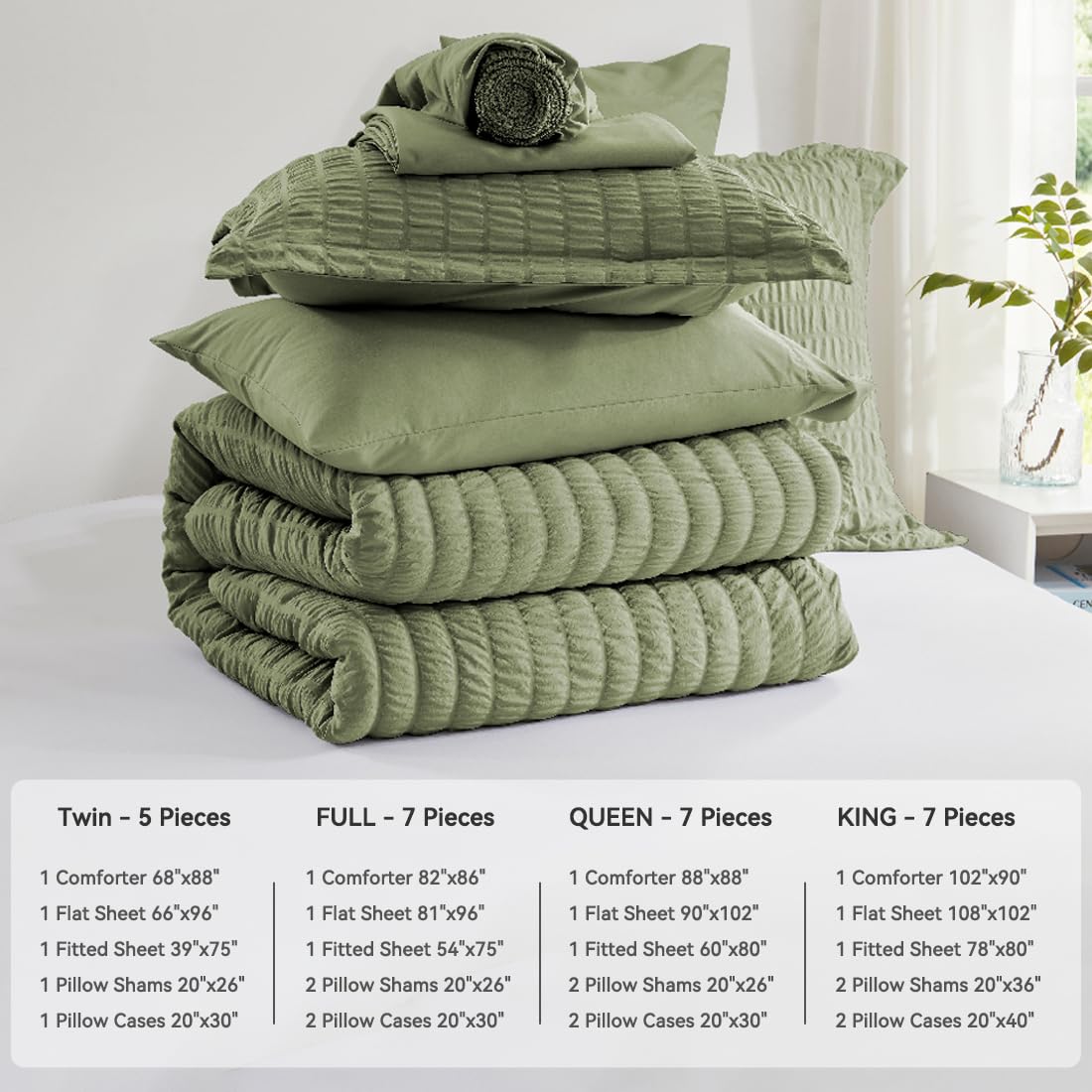 Zzlpp Queen Comforter Set 7 Pieces, Olive Green Seersucker Bed in a Bag with Comforter and Sheets, All Season Bedding Sets with 1 Comforter, 2 Pillow Shams, 2 Pillowcases, 1 Flat Sheet