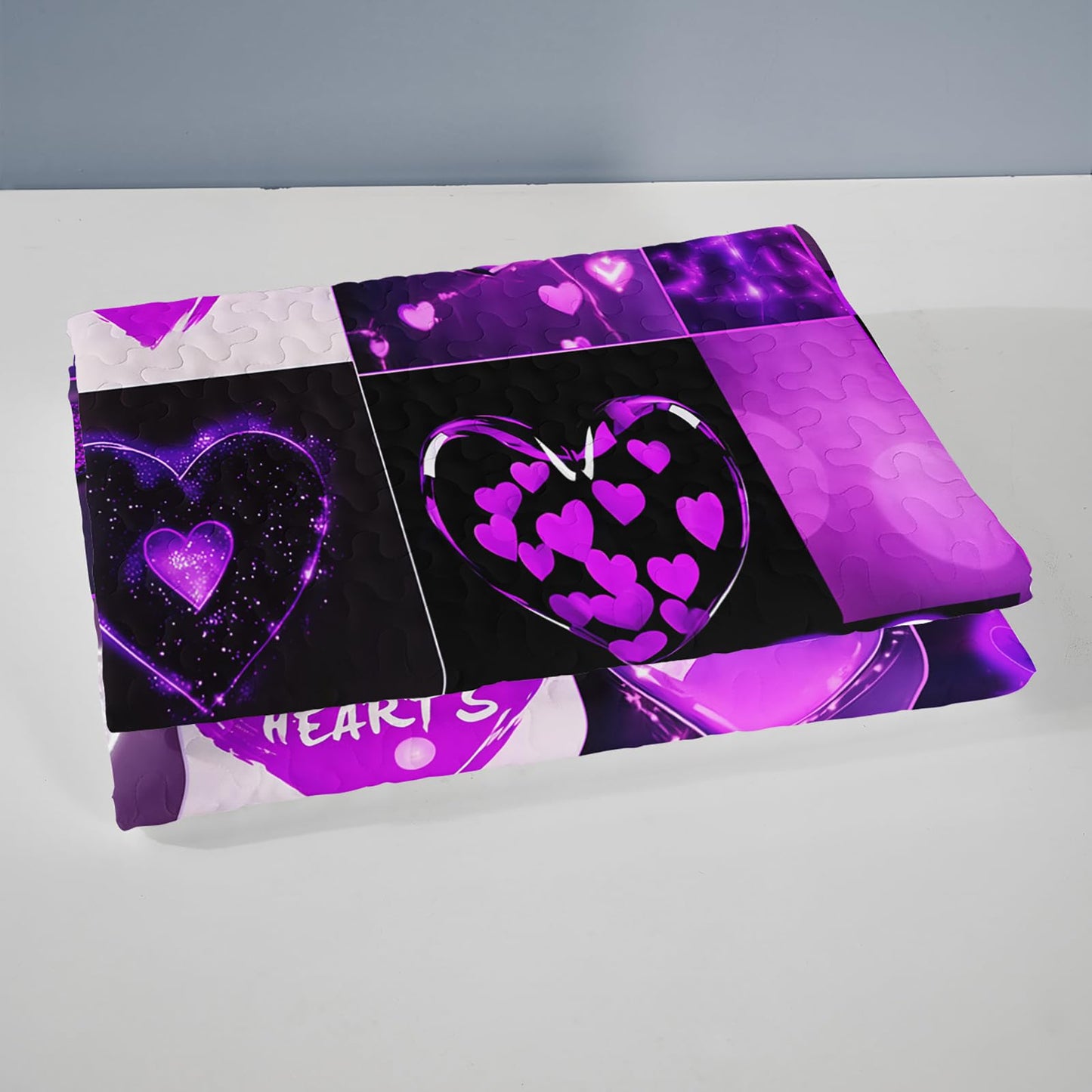 QOOMO Hearts Print Kids Quilt Set,Purple Bedding Set for Boys Girls Room Decoration,Bed Set Microfiber Lightweight All Season Twin Size,1 Quilt Set 2 Pillowcases