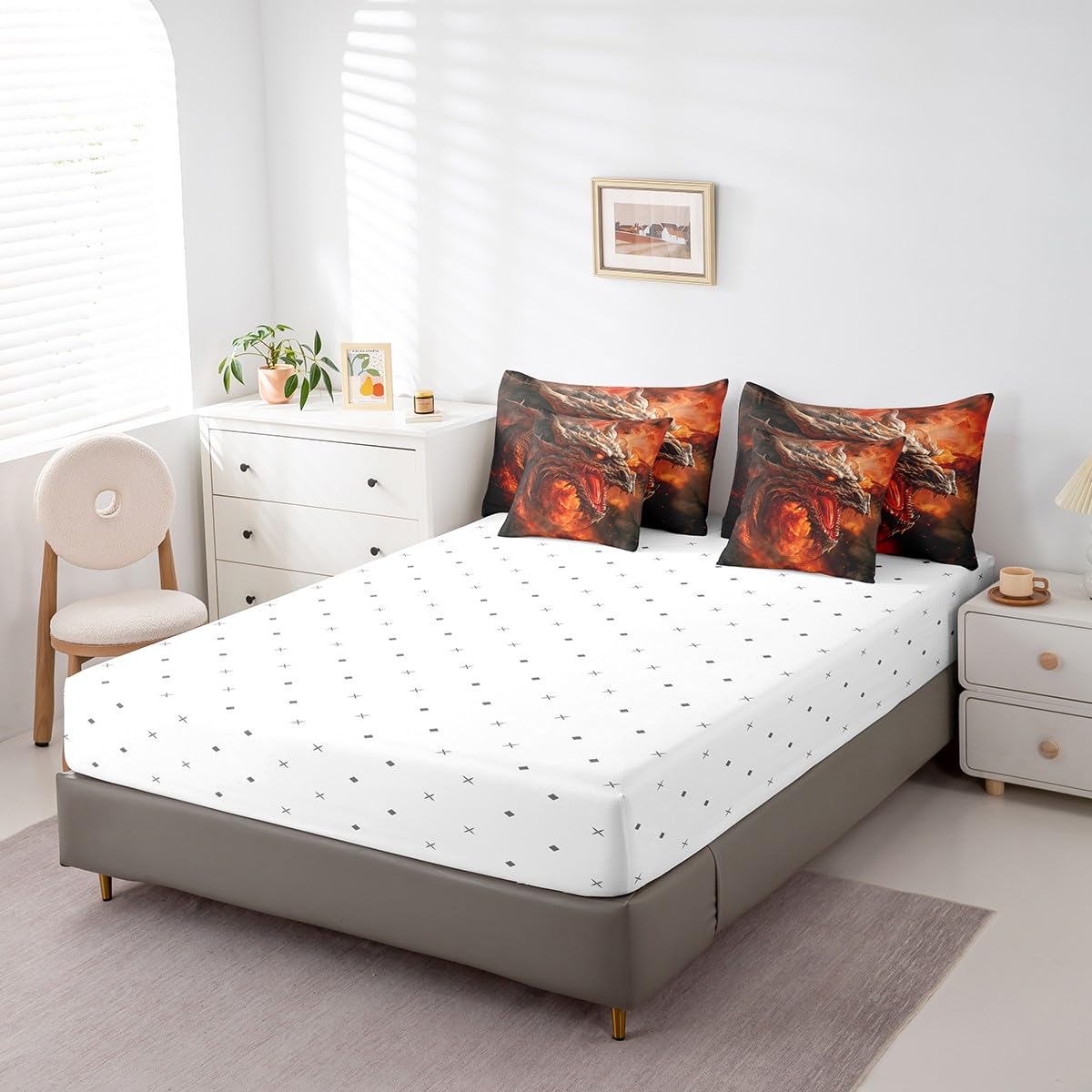 7 Pieces Comforter Set Queen Size, Red Fire Dragon Bedding Bed in a Bag With Flat and Fitted Sheets for Kids and Adults, 3D Fire Dragon Comforter Set With Pillowcases & Pillow Covers