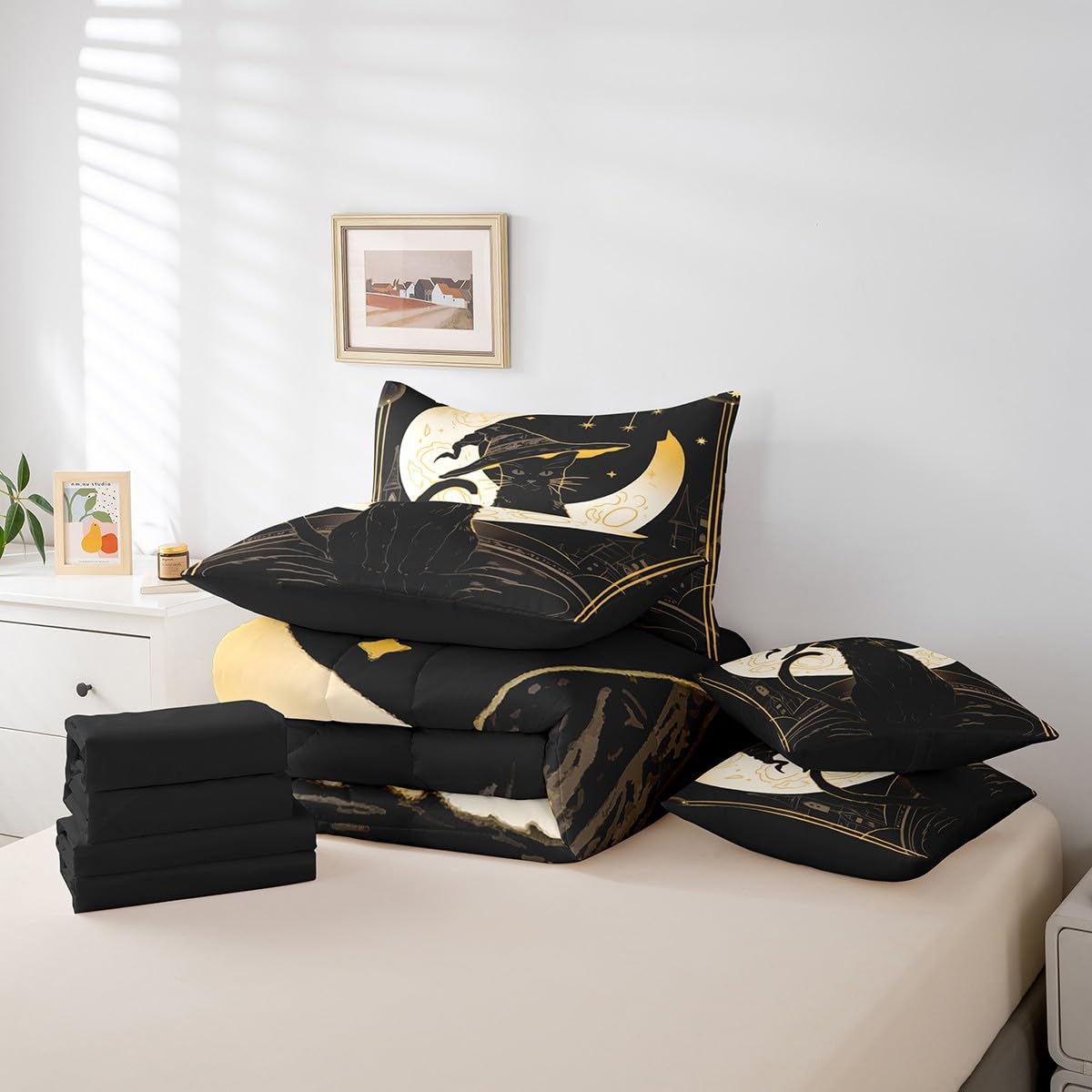 Feelyou Halloween 7 Piece Bedding Set Twin Size for Kids Boys Girls Teens Black Cat Bed in a Bag Moon Star Pattern Comforter Set with Sheets Cute Animal Bed Set