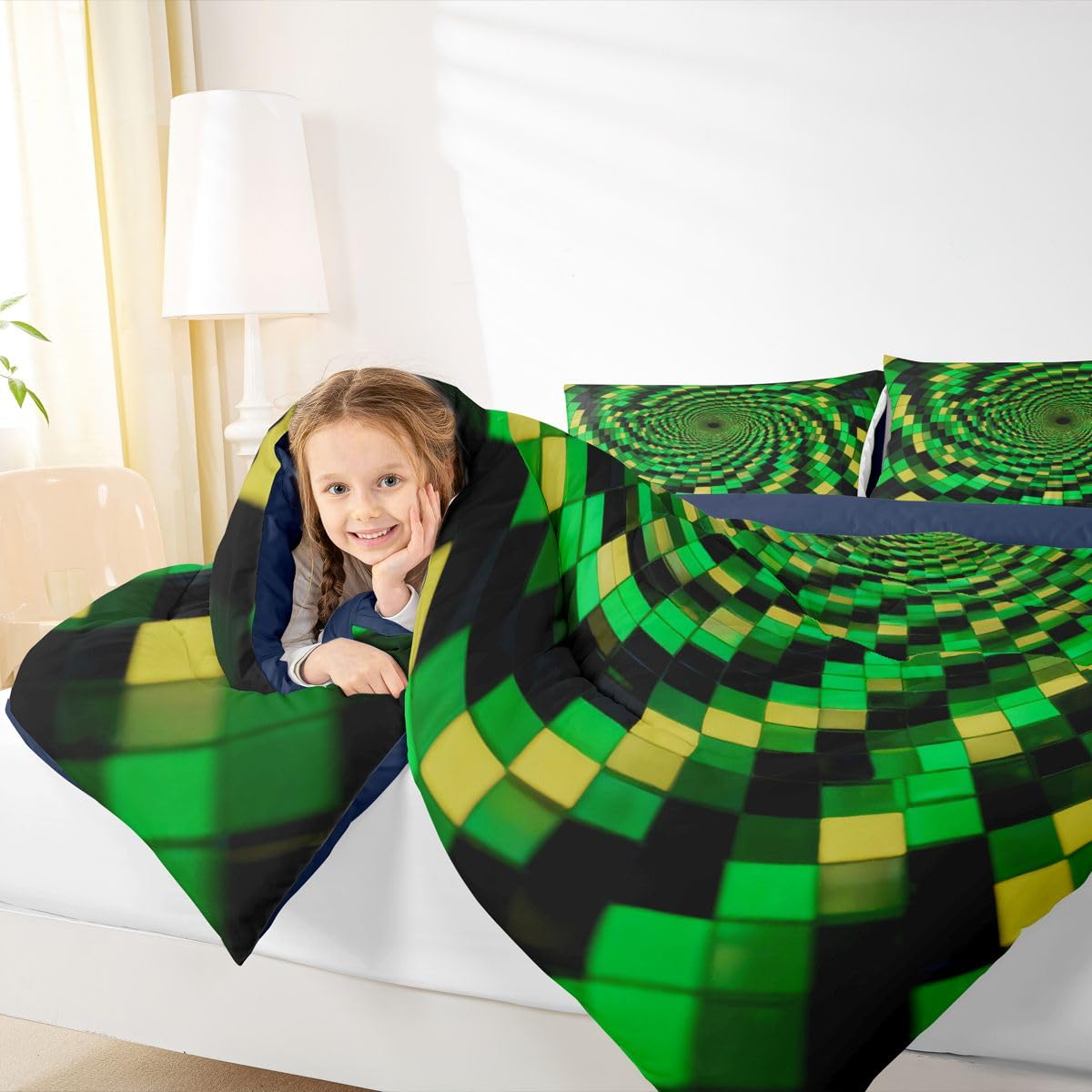 Erosebridal Geometric Grid Patchwork Comforter Set King Abstract Green Plaid Bedding Set Square Print Comforter for Kids Boys Girls,Modern Art Quilt Duvet