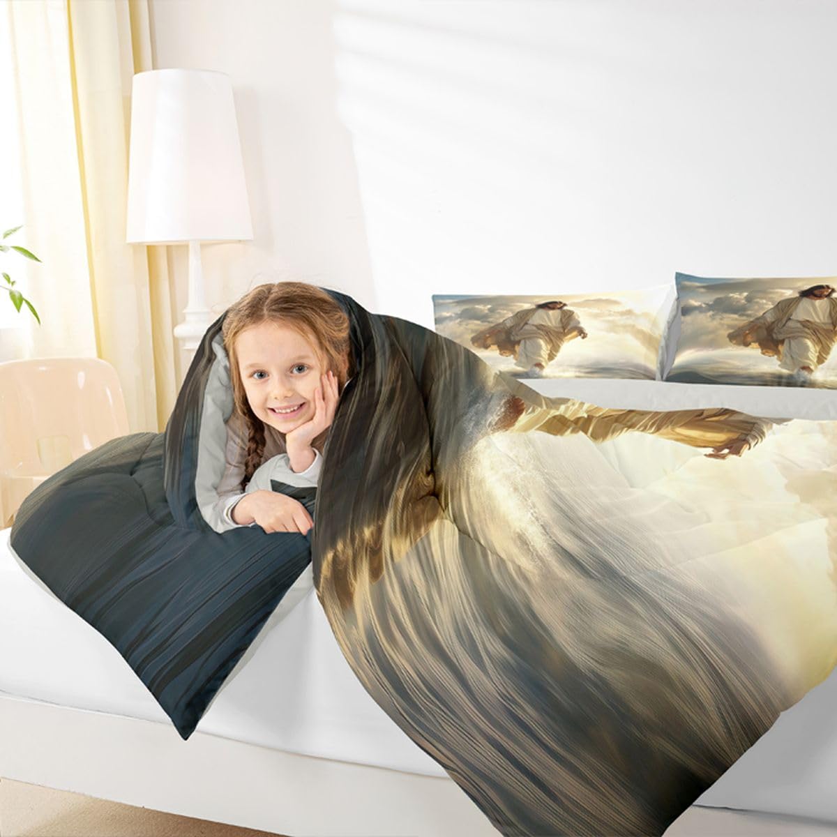 God Walking on Water Kids Comforter Set Twin Size,Western Faith Bible Verse Bedding Set Boys Girls Room Decor,Spiritual Artwork Quilt Comforter,Yellow Gray Duvet Set Bedroom Quilt Set,1 Pillowcase