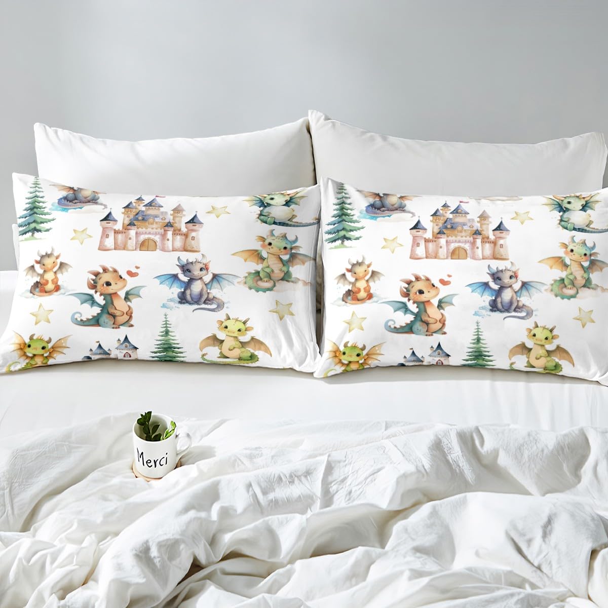 Kawaii Dragon Kids Fitted Sheet Twin Size,Western Dragon Castle Princess Bedding Set,Boys Girls Room Decor,Cartoon Animal Wildlife Bed Cover,White Bed Sheet,1 Pillowcase