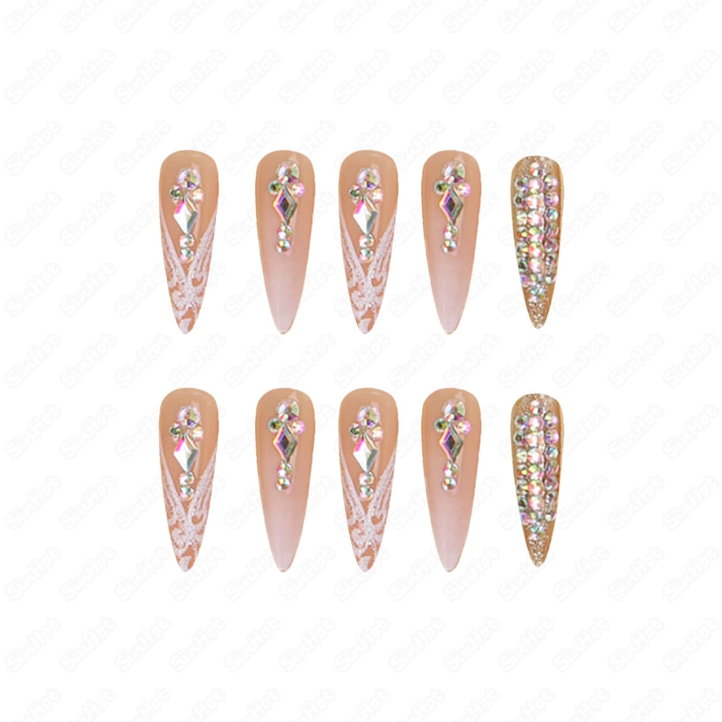 SINHOT Stiletto Press on Nails Long Fake Nails Glossy Glue on Nails Luxury Rhinestones Acrylic Nail White Bling Glitter Almond Artificial Nail Stick on False Nail with Design 24pcs