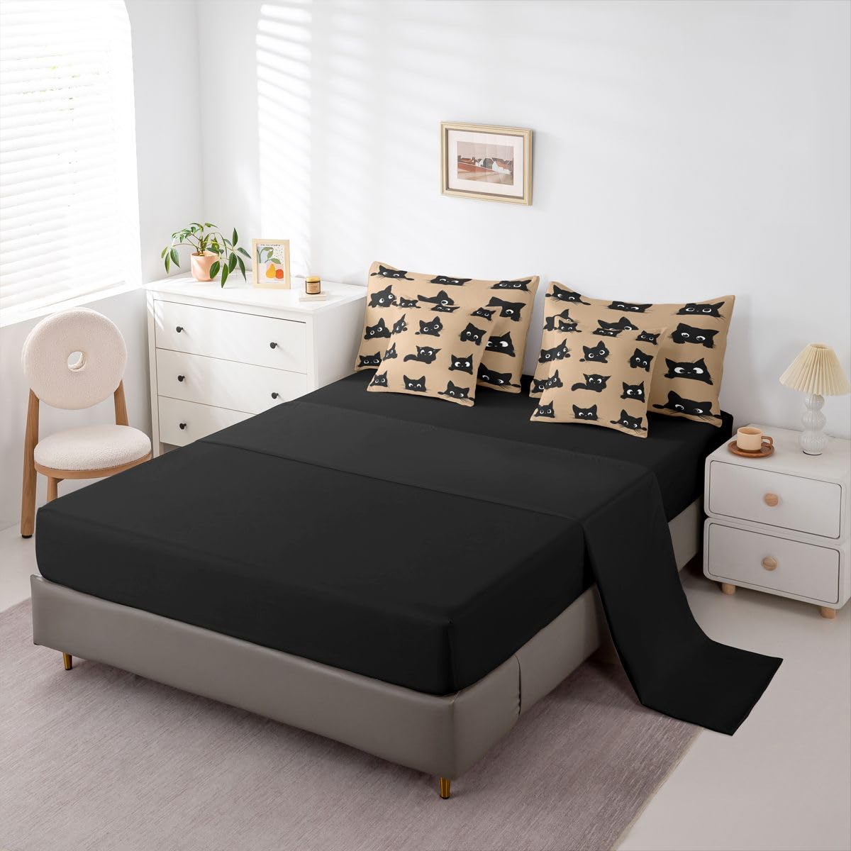 Erosebridal Cute Black Cats 7-Piece Bedding Set Full Size for Kids Boys Girls (Black and Khaki) - Funny Cats Bed in a Bag Cartoon Kitten Animal Comforter Set with Sheets Cute Cat Duvet Insert