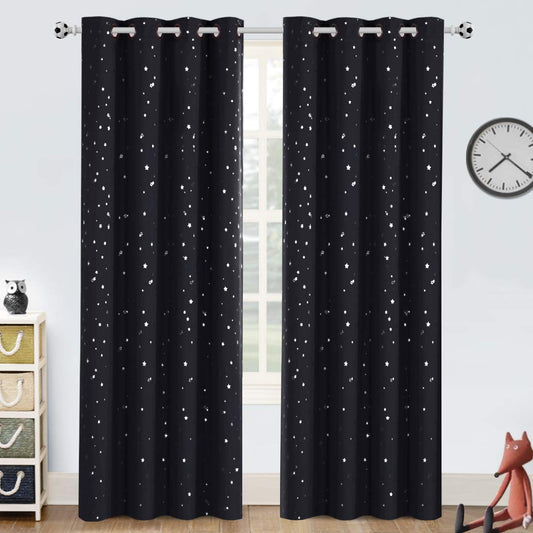 PrinceDeco Blackout Kids Curtains for Bedroom Thermal Insulated Silver Twinkle Star Curtains for Boys Antique Grommet Top Window Treatment 2 Panels Drape for Nursery (52" W x 84" L, Black/Silver)