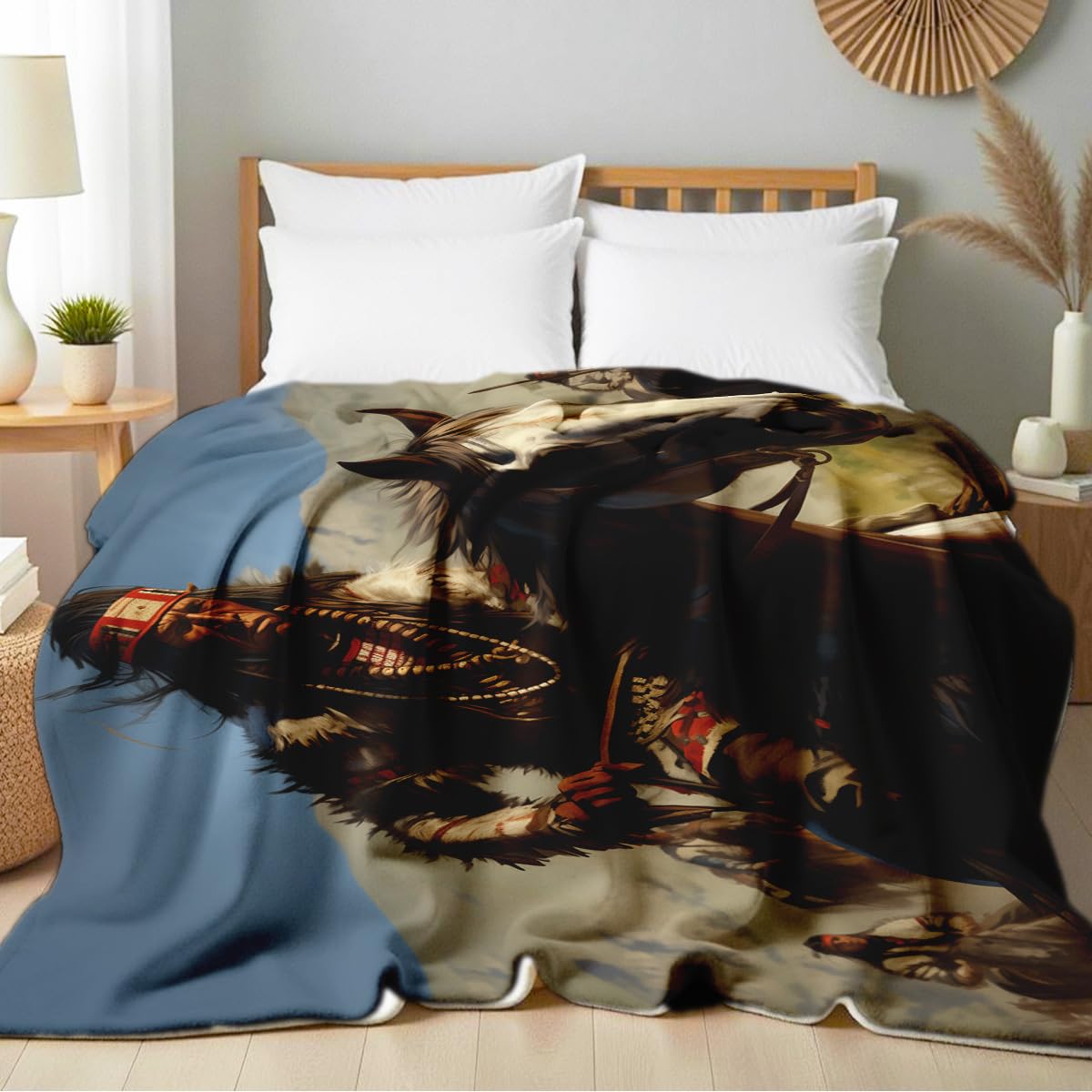 HUNXIAOJ Native American Blankets for Men Indian Print Blankets and Throws for Couch Bed Room Home Western Decor Flannel Throws Queen Size Native American Indian Gifts (49"x59")