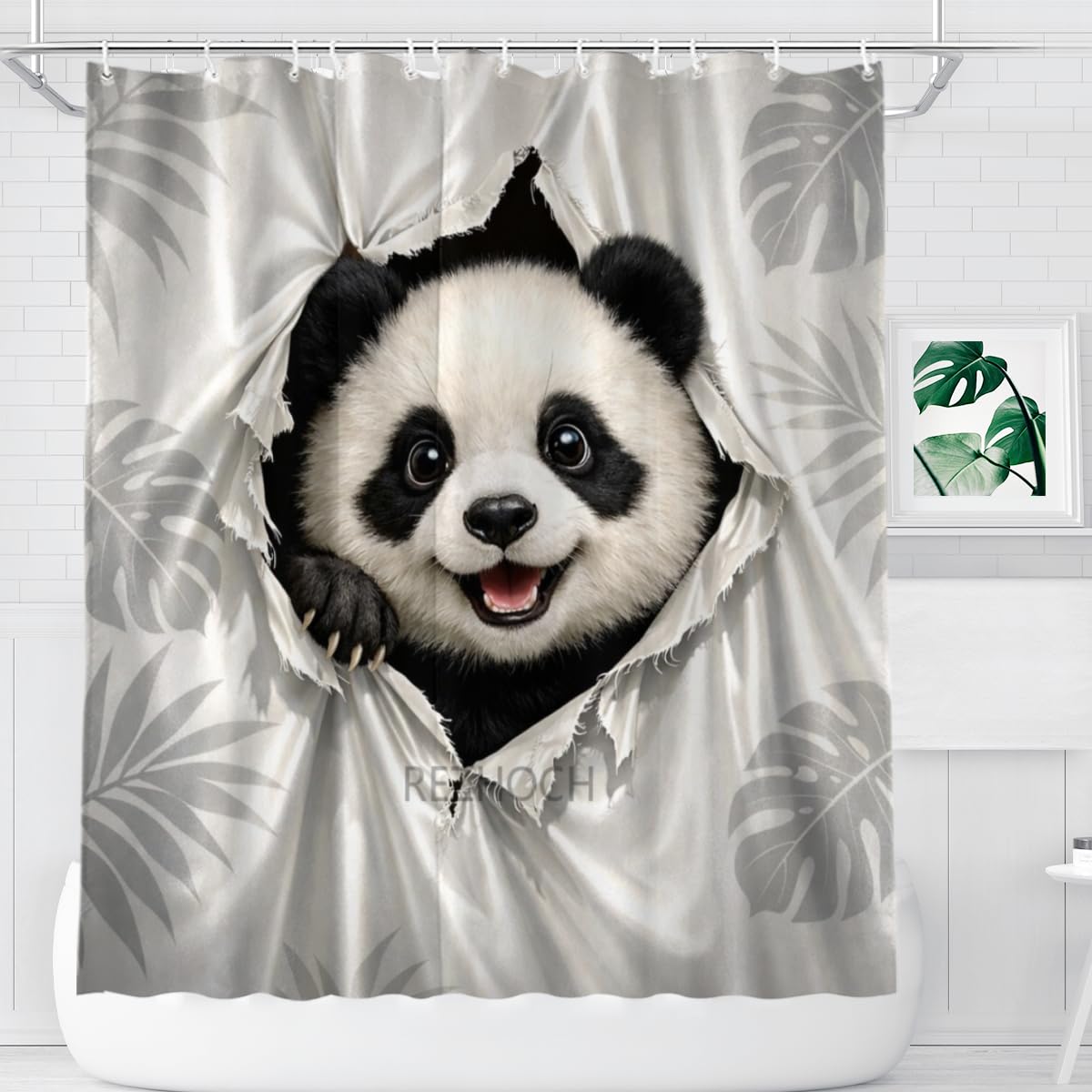 REZHOCH Cute Panda Shower Curtain 72x72Inch Fun Animal Hole Peeking Bath Curtain Waterproof Fabric Grayish White Rainforest Leaves Kid Adult Home Bathroom Decor with Hooks