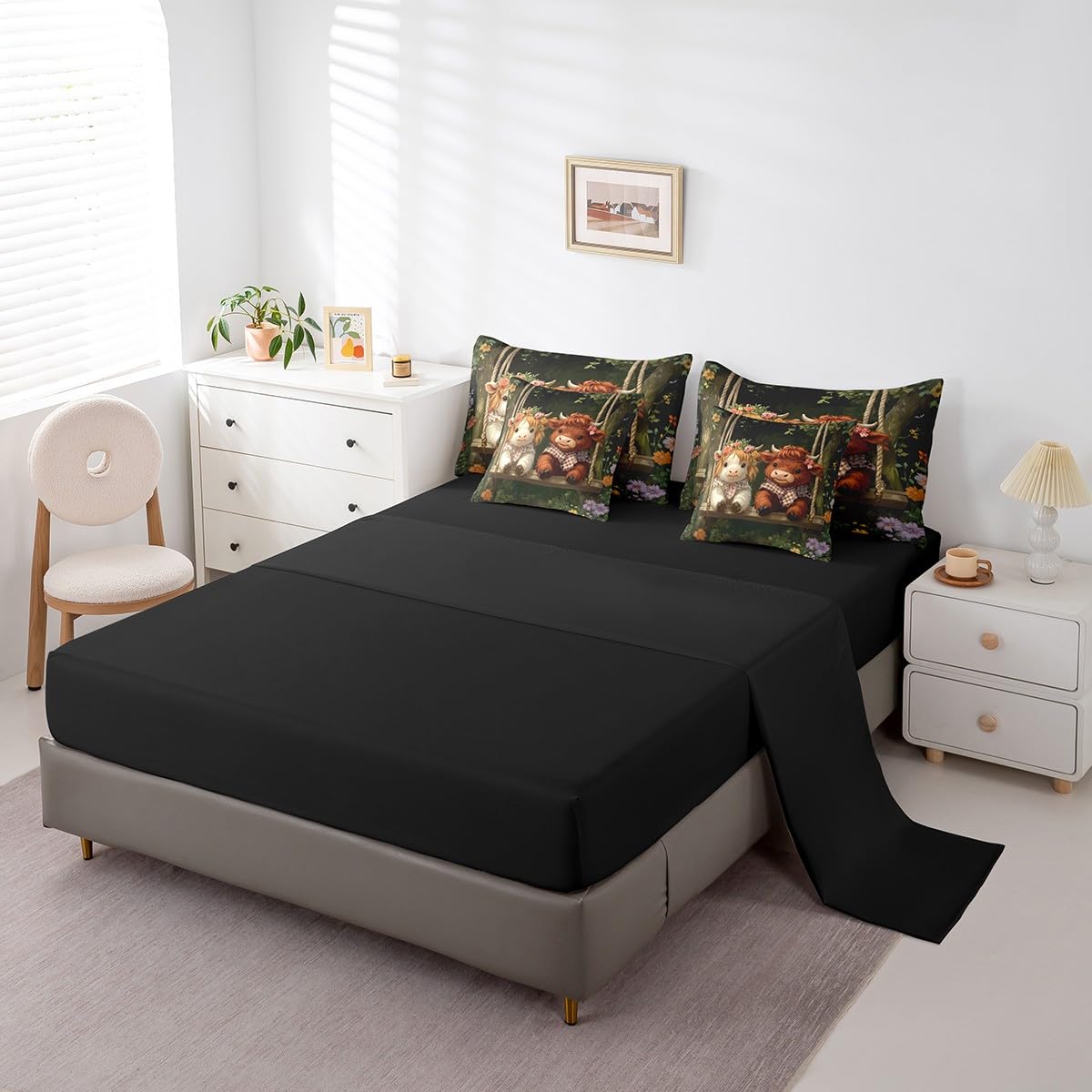 Erosebridal Highland Cow 7 Pieces Bedding Set Western Cow King Comforter Set with Sheets for Boys Girls Kids Room Decor Farmhouse Animal Bed in a Bag Flower Bed Set