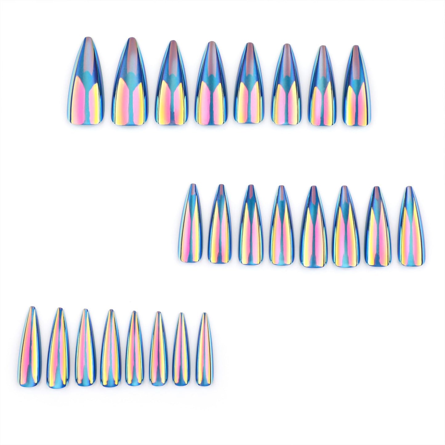 SINHOT Stiletto Press on Nails Long - Long Fake Nails, Glossy Finish, Blue Cat Eye & Chrome, DIY Artificial False Nail Art - 24 Pcs Nail Kit with Glue