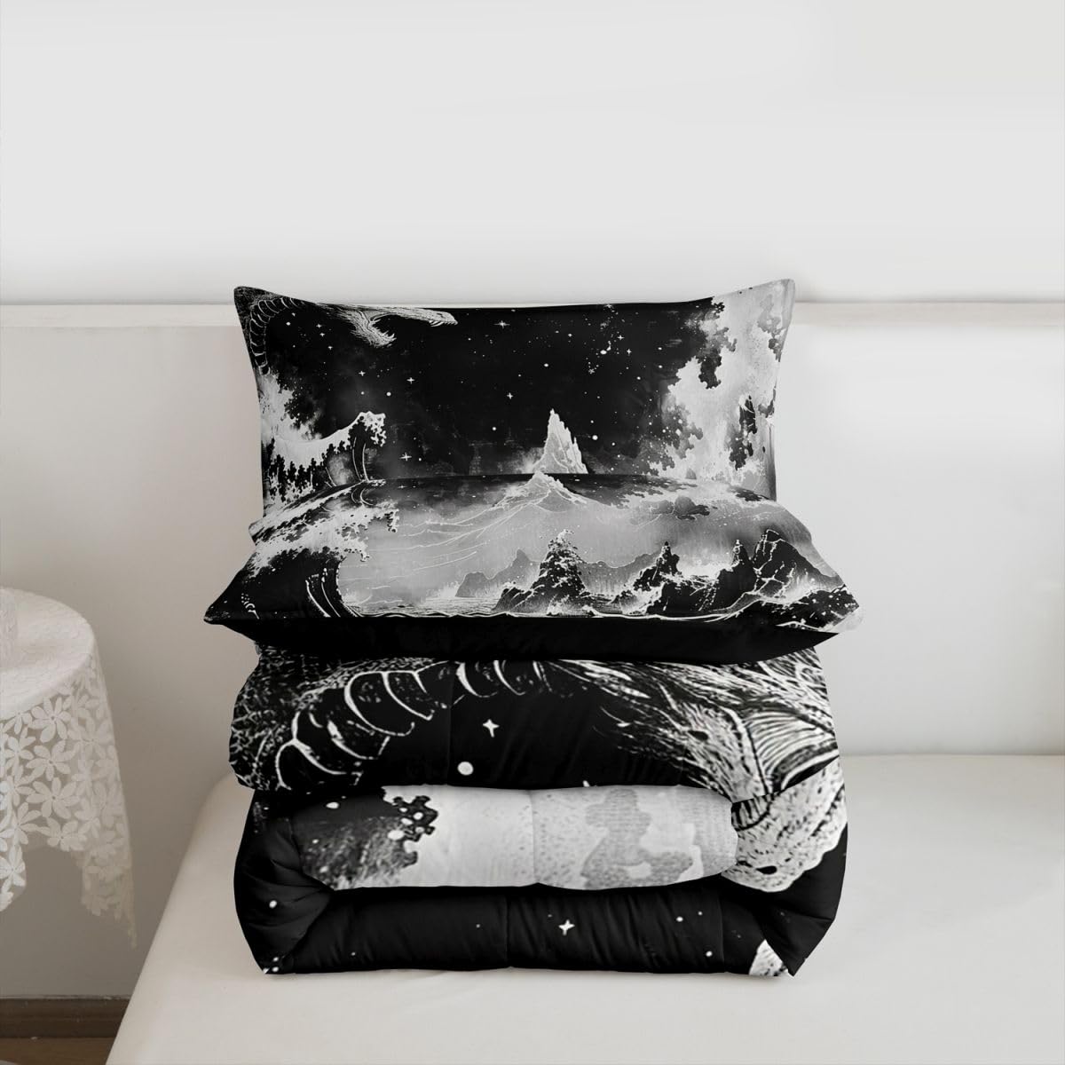 jejeloiu Black and White Wave Comforter Set Queen Size Japanese Style Bedding Set for Kids Boys Girls Ocean Wave Duvet Quilt Abstract Bedroom Decor Microfiber 3 Pcs with 2 Pillow Cases