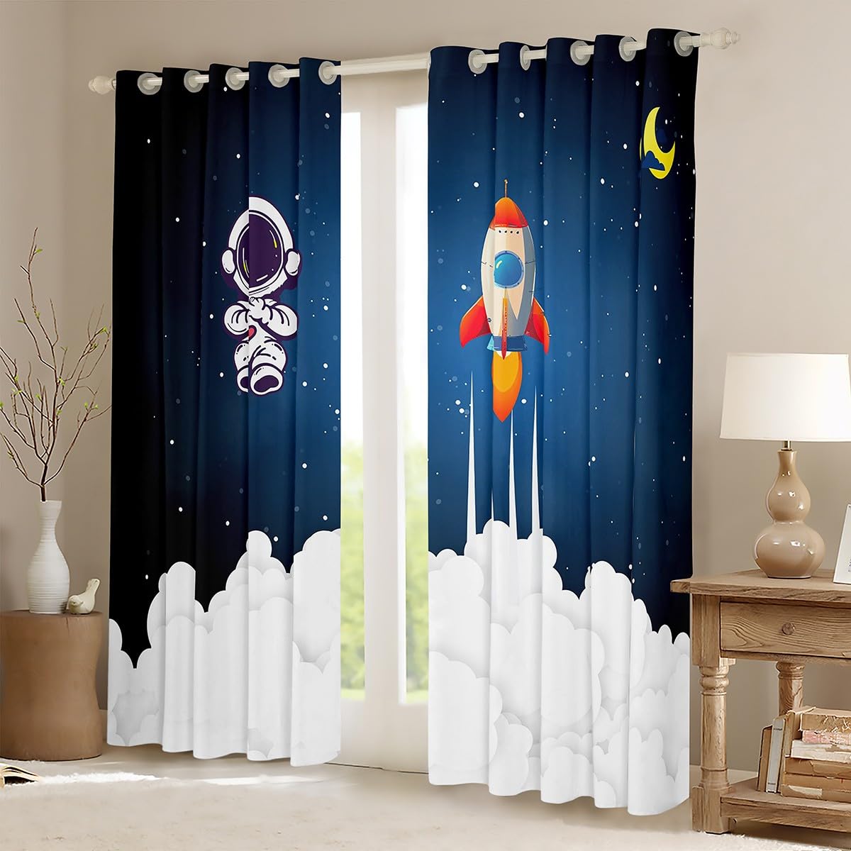 Kids Astronaut Rocket Window Curtains for Bedroom Living Room Cartoon Space Rocket Curtains Galaxy Cosmonaut Spaceman Window Drapes Boys Girls Outer Space Window Treatments,52x84 Inches,2 Panels