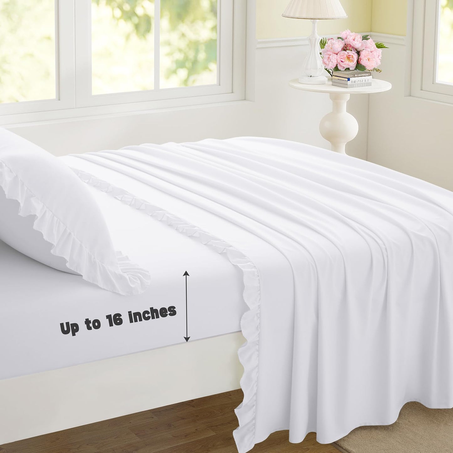 Yvrcen 3 Pieces Ruffle Twin Sheet Set, White Bed Sheets Twin Size, Microfiber Coquette White Sheets with 16 Inch Deep Pocket Fitted Sheet, 1 Ruffled Flat Sheet & 1 Ruffled Pillow Shams