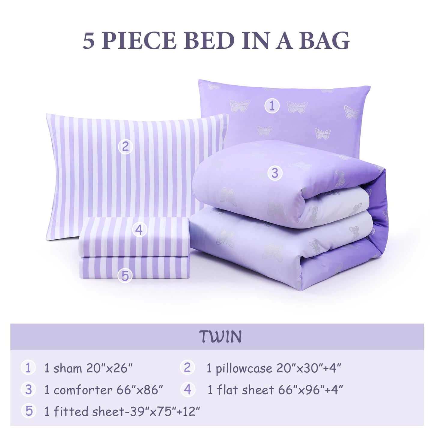 Wink Deer Twin Comforter Set with Sheets for Girls-5 Pieces Twin Bedding Sets with with Purple White Gradient Ombre Comforter, Sheets, Pillowcases & Shams for Kids (Silver Butterfly, 66" X 86")