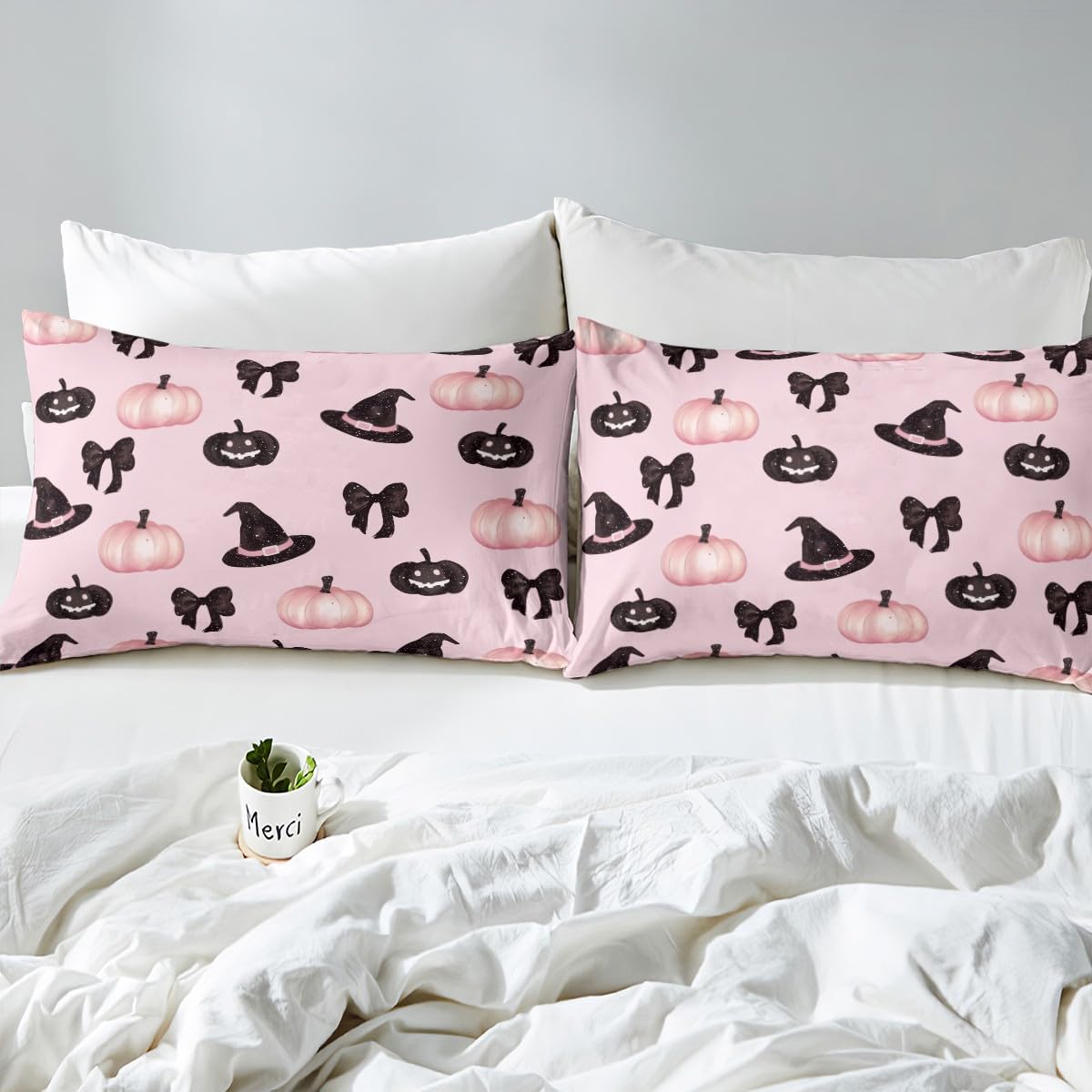 Feelyou Pink Halloween Bed Sheets Sets Full Size Kids Boys Girls Black Bowknot Bedding Set Halloween Decor Bed Sheet Set with 16-Inch Deep Pockets Trick or Treat 4Pcs with 2 Pillow Cases