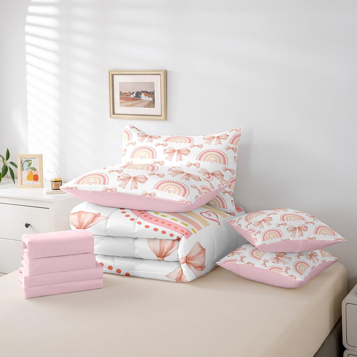 Erosebridal 7 Piece Rainbow Bowknot Bedding Set for Teens,Dreamy Princess Style Kids Girls Comforter Set King Bed in a Bag,Romantic Valentine Day Sheet Set,Bow Tie Heart Shaped Duvet Insert